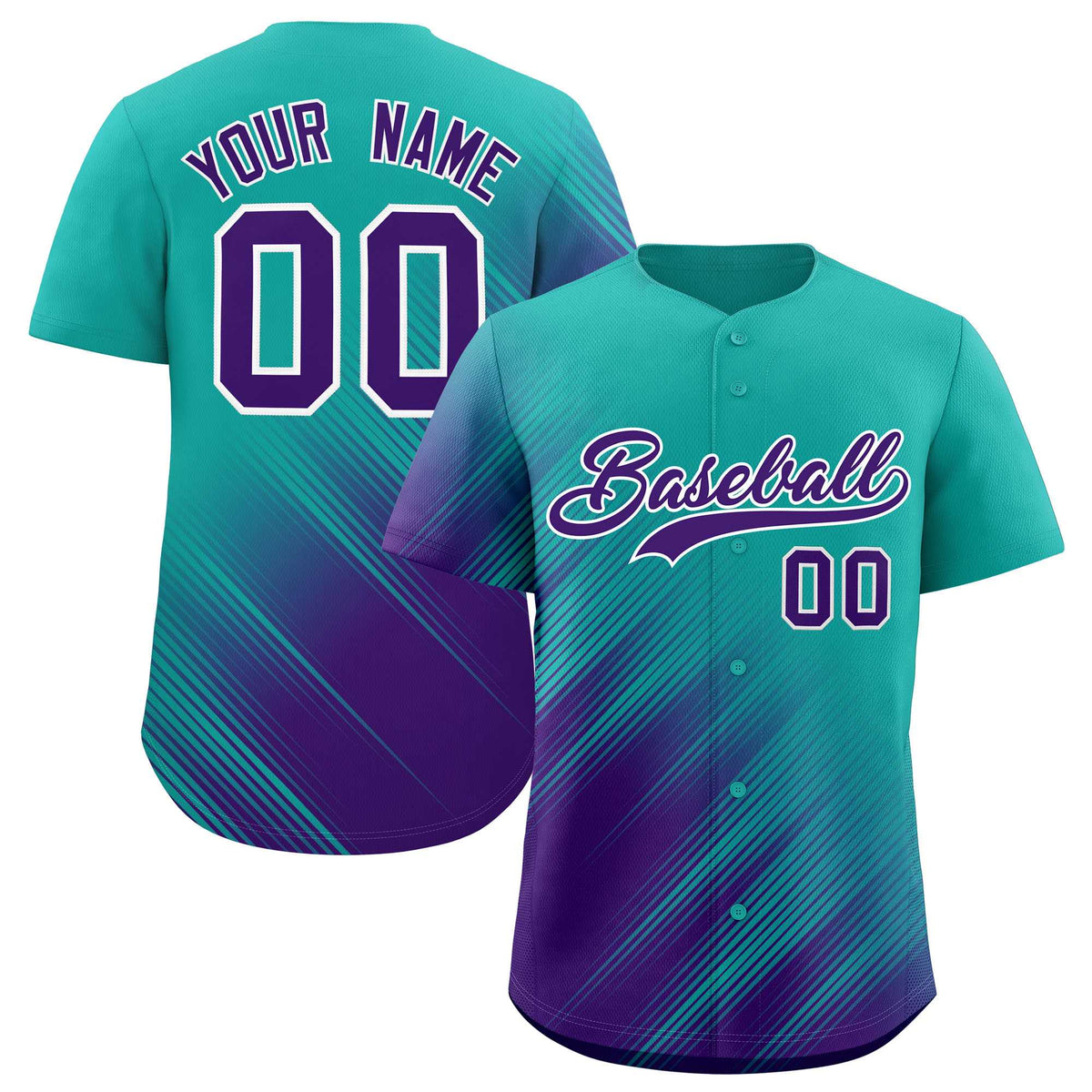 Custom Aqua Purple Diagonal Stripe Personalized Gradient Fashion Baseball Jersey
