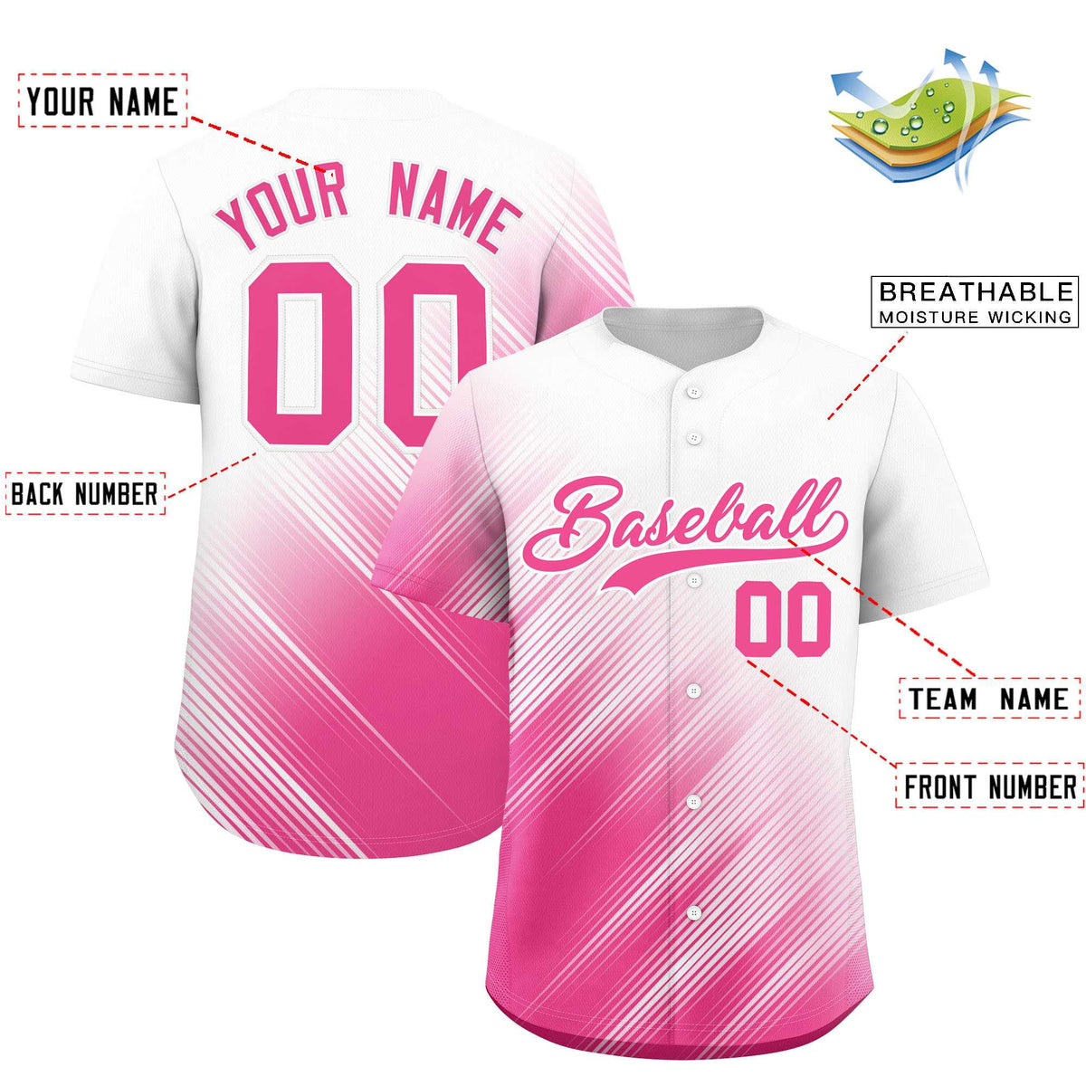 Custom White Pink Diagonal Stripe Personalized Gradient Fashion Baseball Jersey