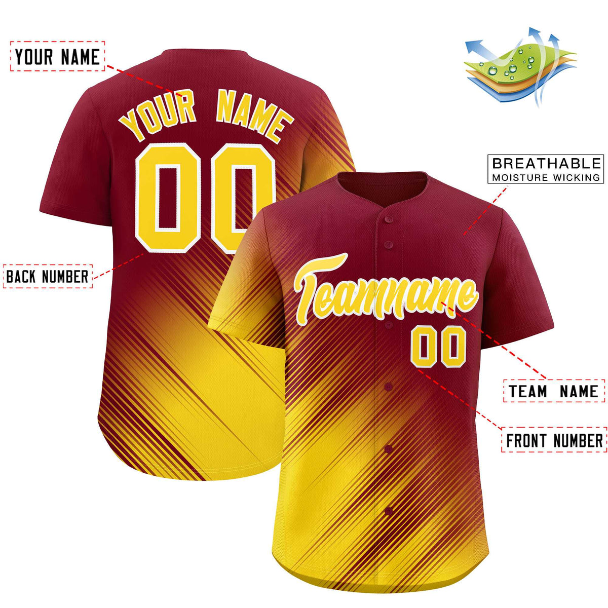 Custom Crimson Gold Diagonal Stripe Personalized Gradient Fashion Baseball Jersey