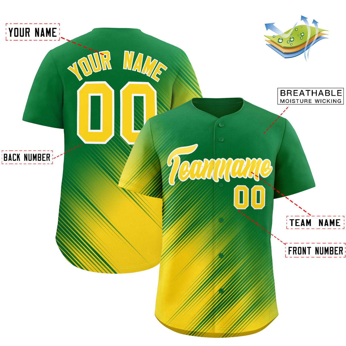 Custom Kelly Green Gold Diagonal Stripe Personalized Gradient Fashion Baseball Jersey