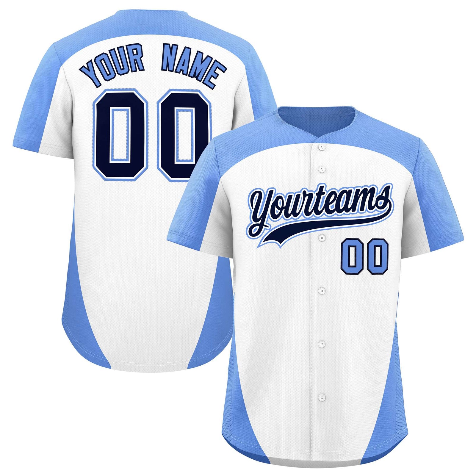 Custom White Light Blue Personalized Edge Color Block Authentic Baseball Jersey
