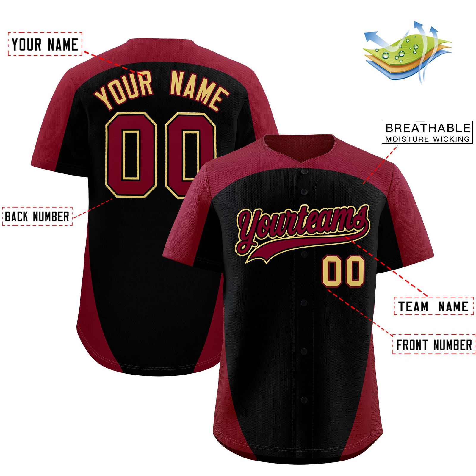 Custom Black Crimson Personalized Edge Color Block Authentic Baseball Jersey