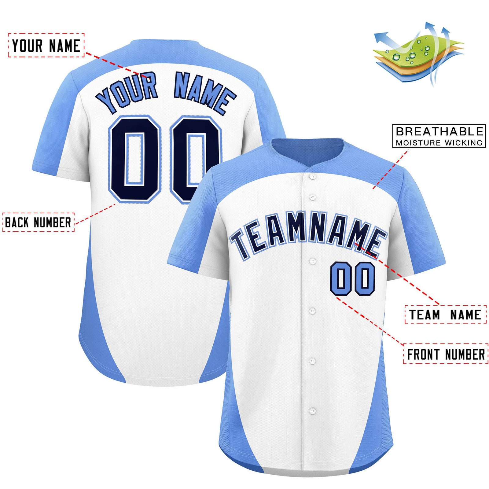 Custom White Light Blue Personalized Edge Color Block Authentic Baseball Jersey