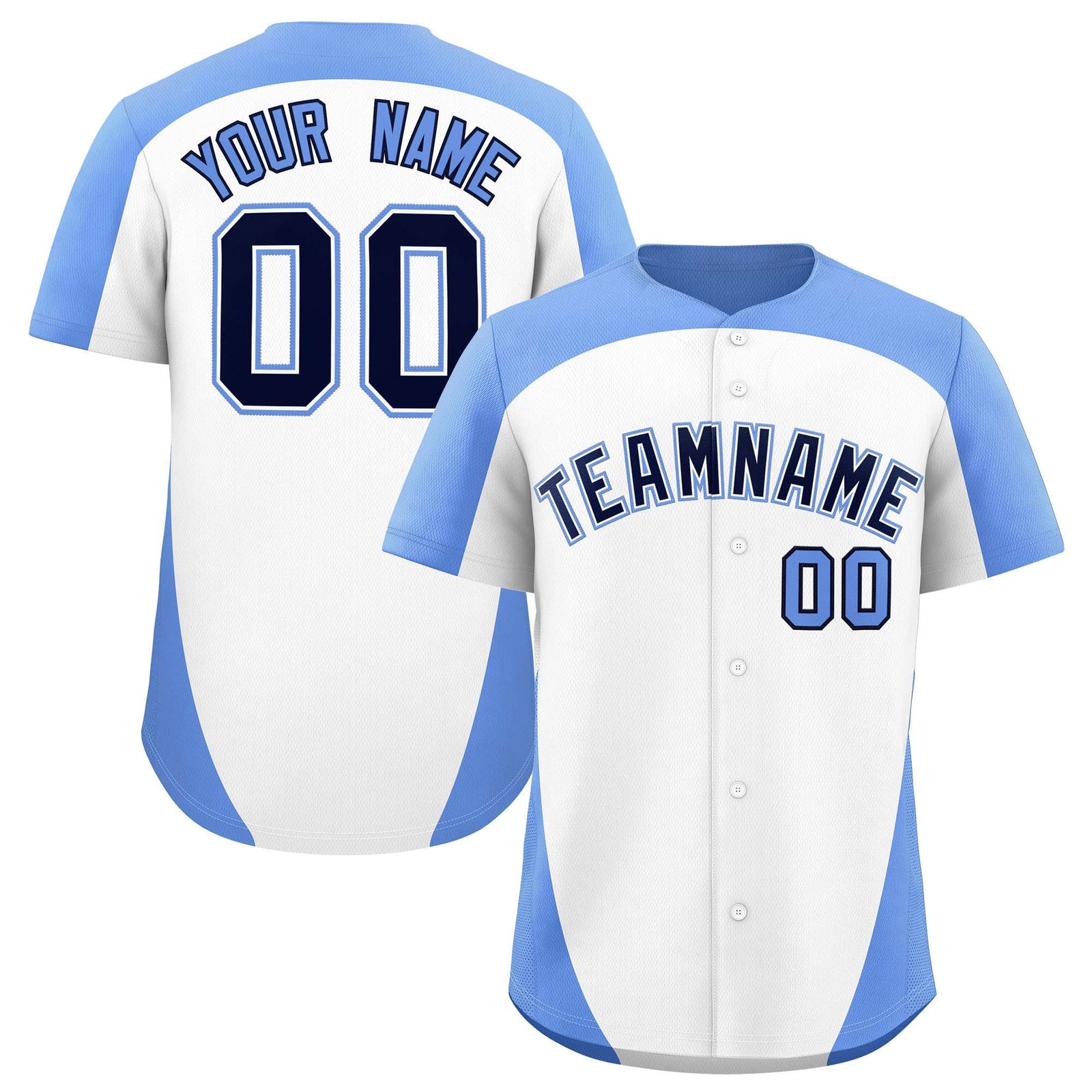 Custom White Light Blue Personalized Edge Color Block Authentic Baseball Jersey