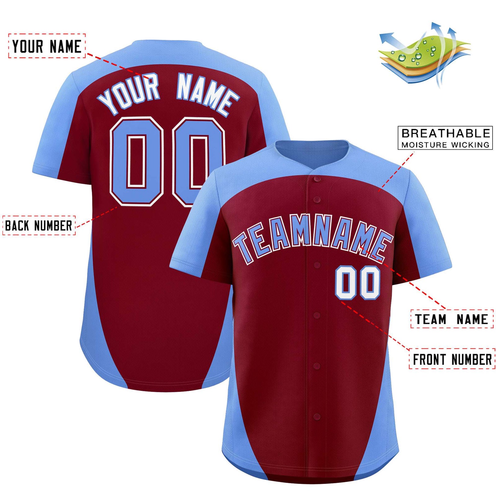 Custom Crimson Light Blue Personalized Edge Color Block Authentic Baseball Jersey