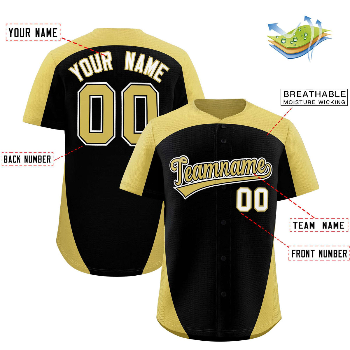 Custom Black Old Gold Personalized Edge Color Block Authentic Baseball Jersey