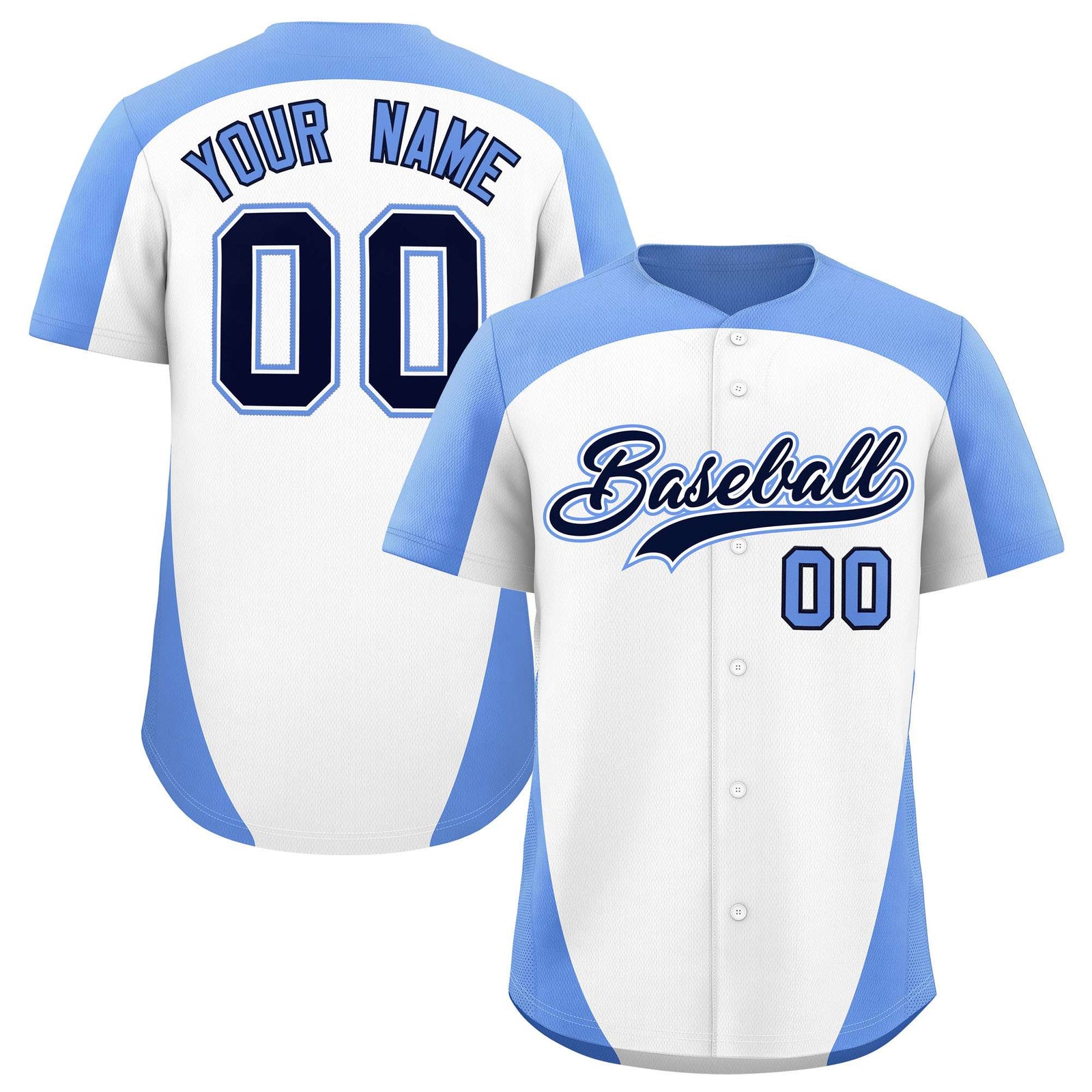Custom White Light Blue Personalized Edge Color Block Authentic Baseball Jersey
