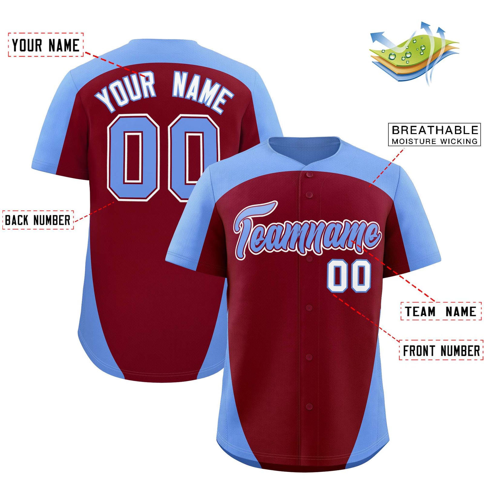 Custom Crimson Light Blue Personalized Edge Color Block Authentic Baseball Jersey