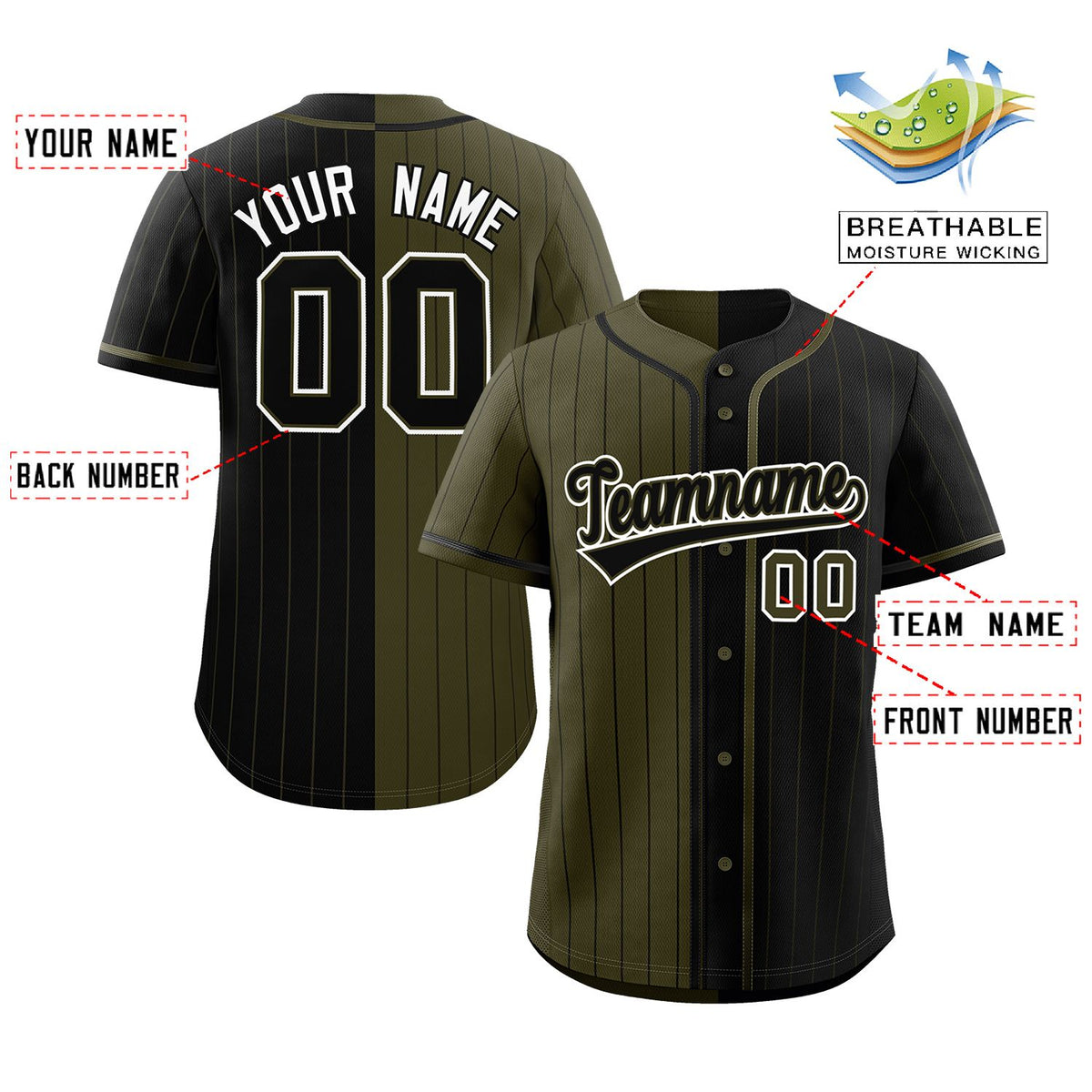 Custom Olive Black Two Tone Striped Fashion Authentic Baseball Jersey