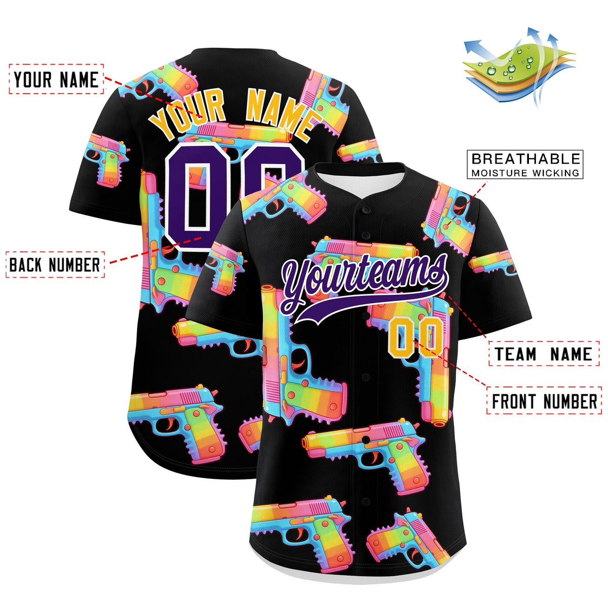 Custom Youth Baseball Jersey Black Purple Sugar-Coated Firepower Graffiti Pattern Urban Fashion