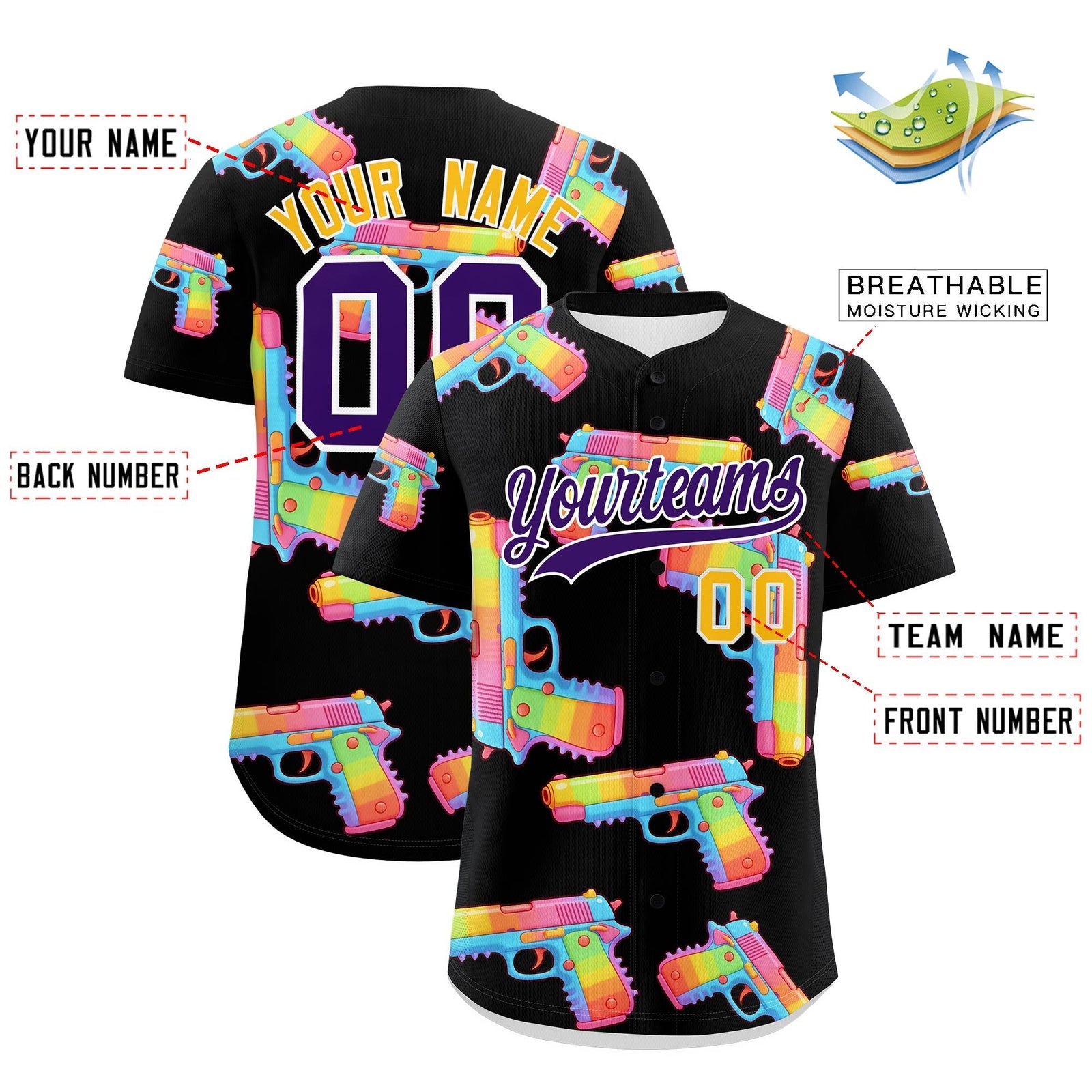 Custom Youth Baseball Jersey Black Purple Sugar-Coated Firepower Graffiti Pattern Urban Fashion