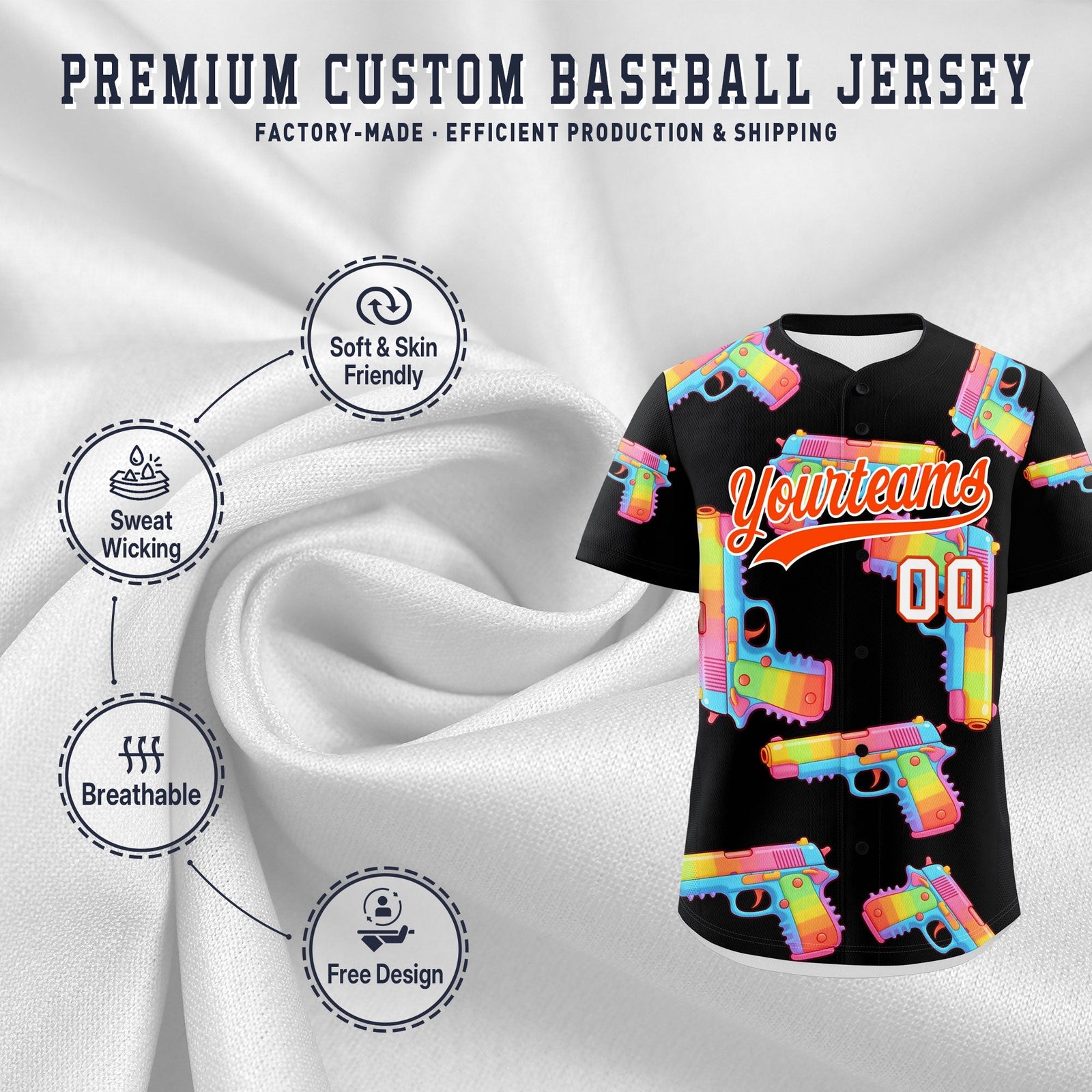 Custom Youth Baseball Jersey Black Orange Sugar-Coated Firepower Graffiti Pattern Urban Fashion