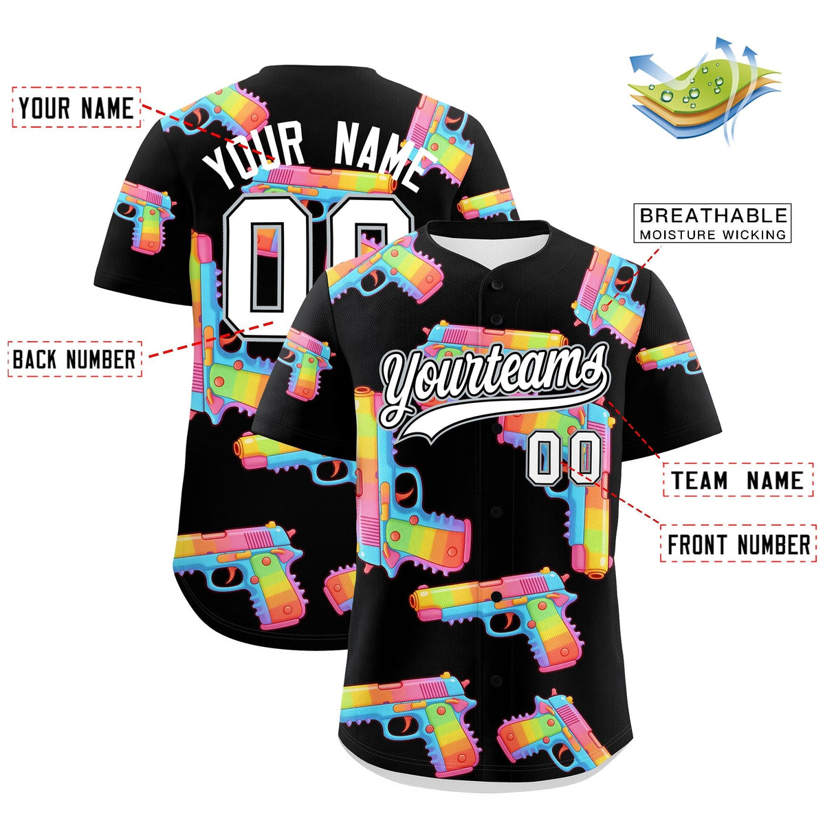 Custom Youth Baseball Jersey Black White Sugar-Coated Firepower Graffiti Pattern Street Style