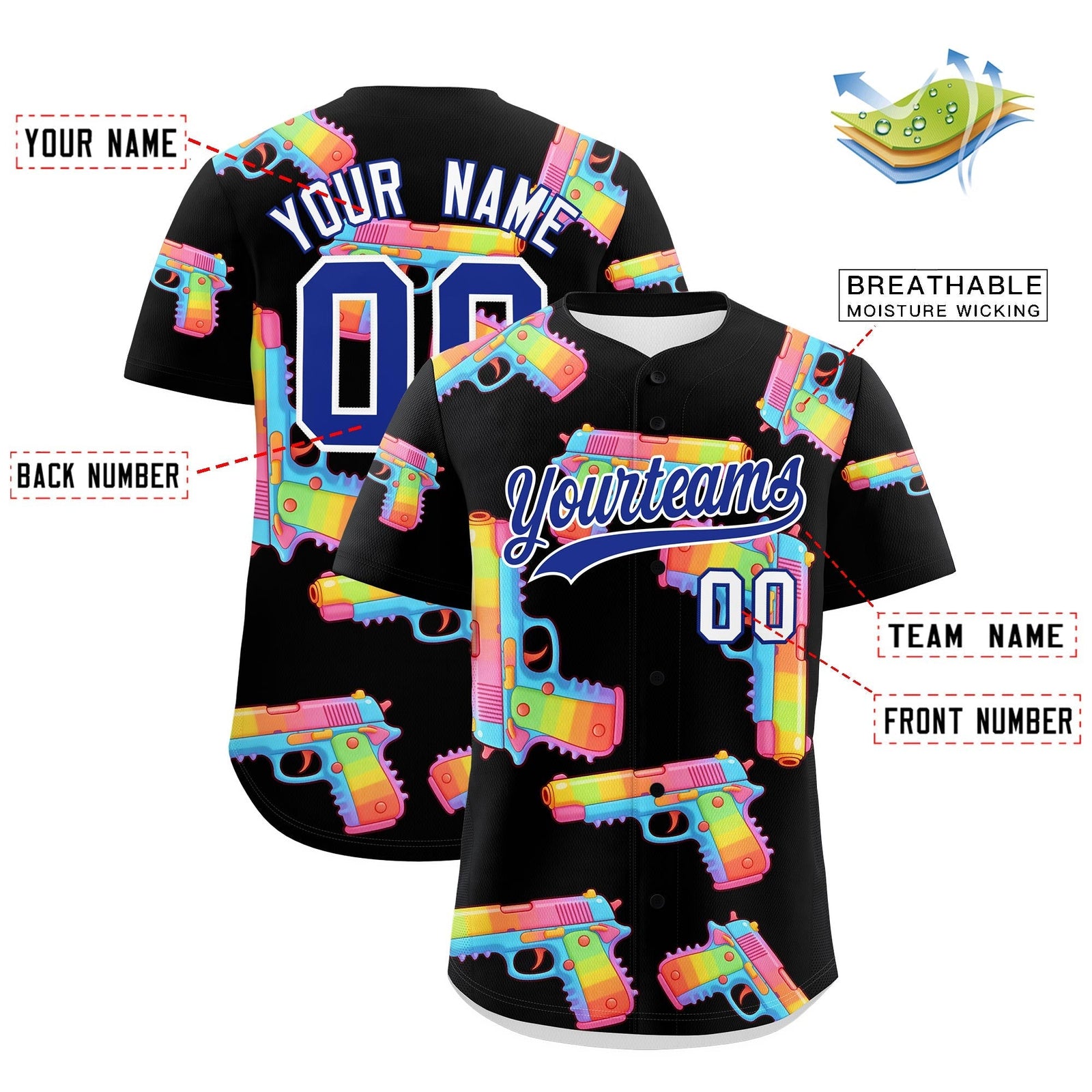 Custom Youth Baseball Jersey Black Royal Blue Sugar-Coated Firepower Graffiti Pattern Street Style