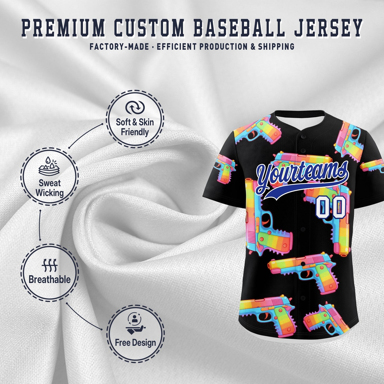 Custom Youth Baseball Jersey Black Royal Blue Sugar-Coated Firepower Graffiti Pattern Street Style