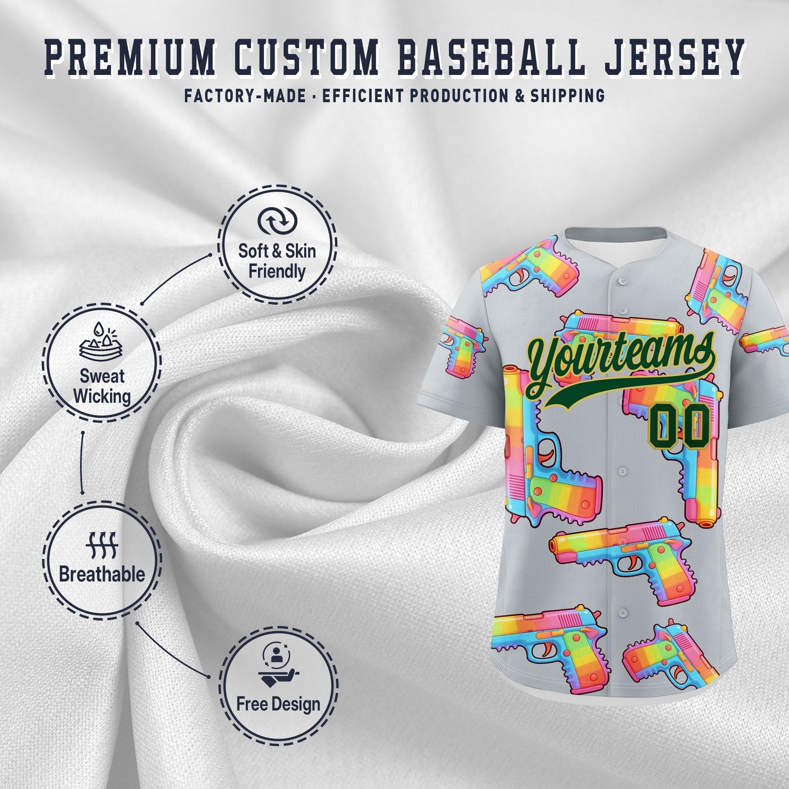 Custom Youth Baseball Jersey Silver Dark Green Sugar-Coated Firepower Graffiti Pattern Hip-hop
