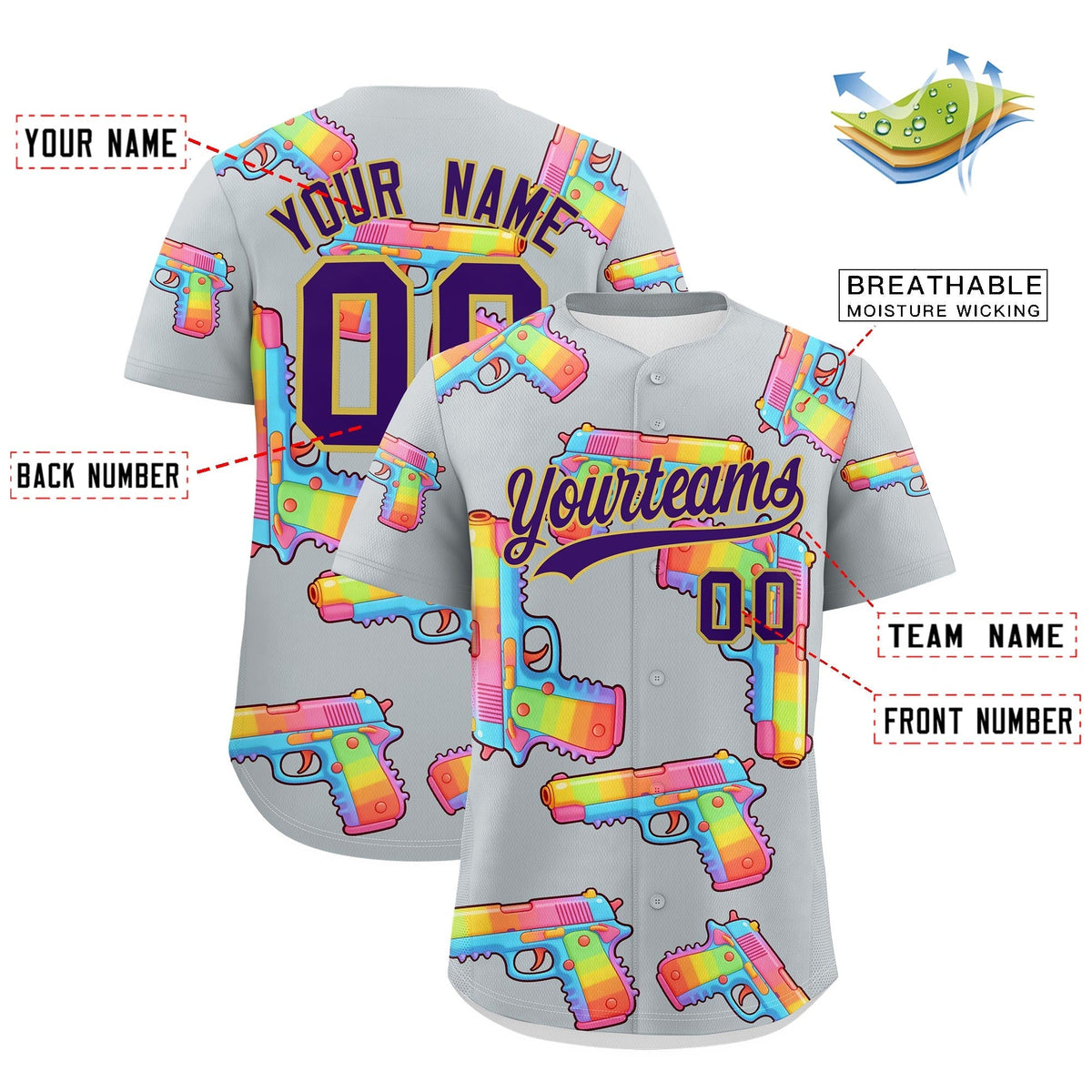 Custom Youth Baseball Jersey Silver Purple Sugar-Coated Firepower Graffiti Pattern Urban Fashion