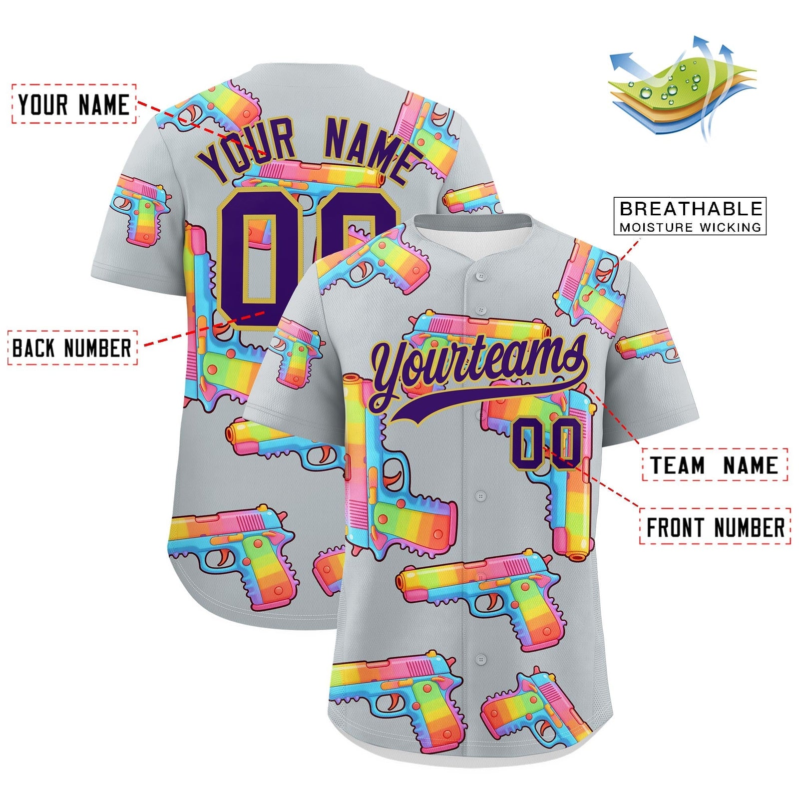 Custom Youth Baseball Jersey Silver Purple Sugar-Coated Firepower Graffiti Pattern Urban Fashion