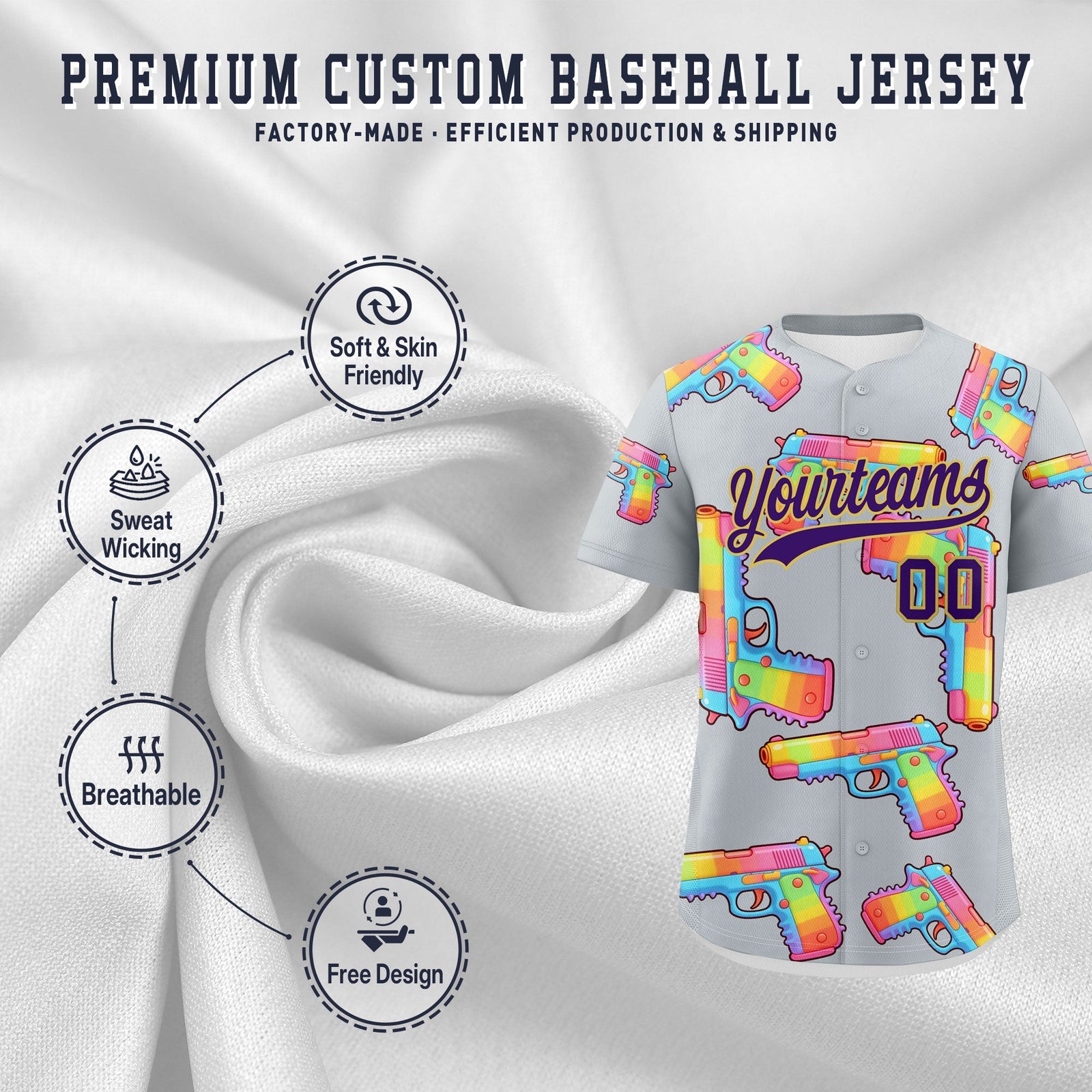 Custom Youth Baseball Jersey Silver Purple Sugar-Coated Firepower Graffiti Pattern Urban Fashion