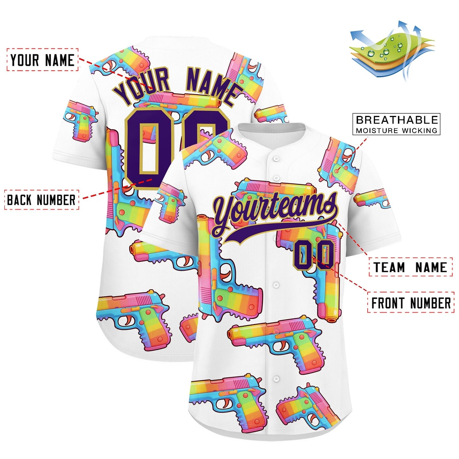 Custom Youth Baseball Jersey White Purple Sugar-Coated Firepower Graffiti Pattern Street Style