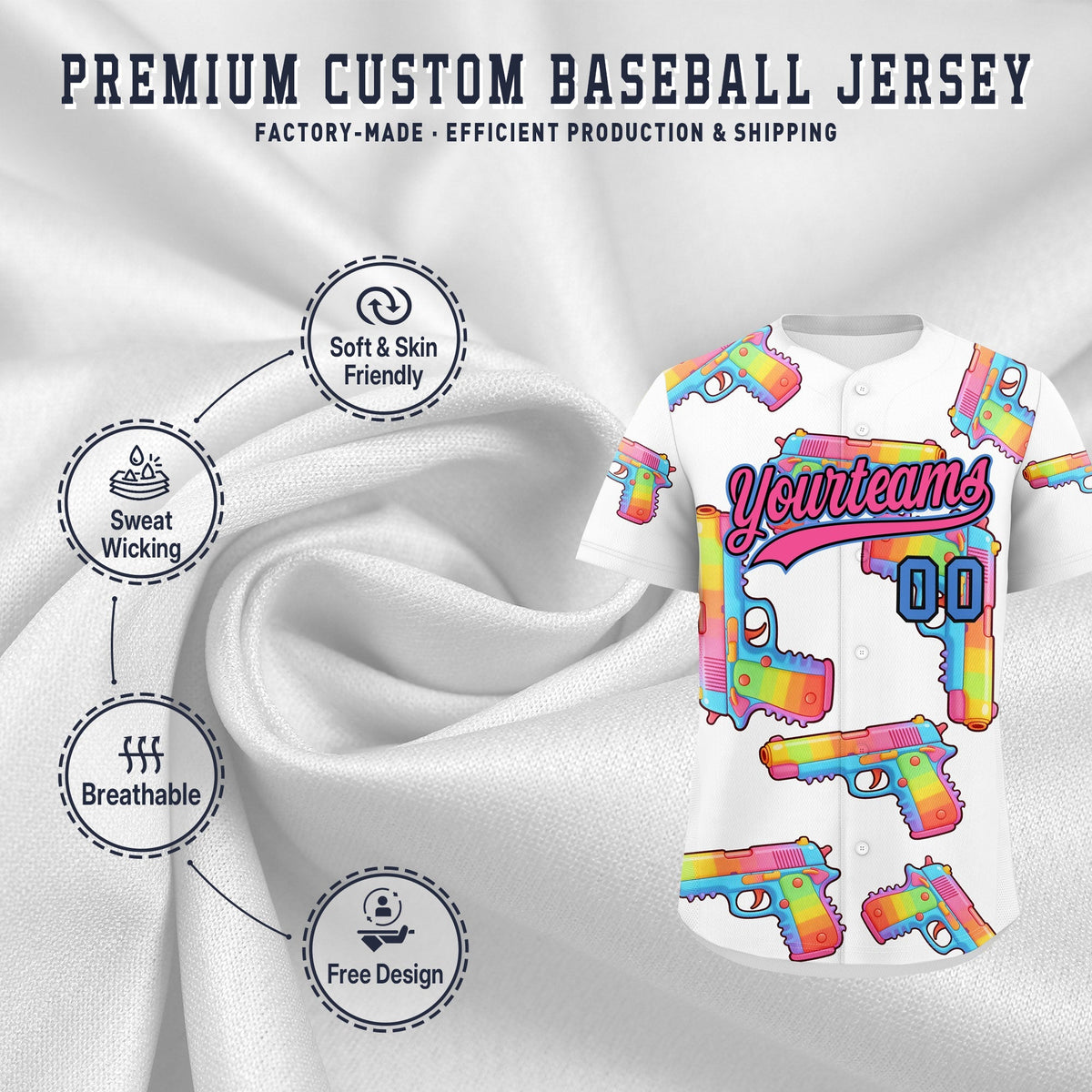 Custom Youth Baseball Jersey White Pink Sugar-Coated Firepower Graffiti Pattern Urban Fashion