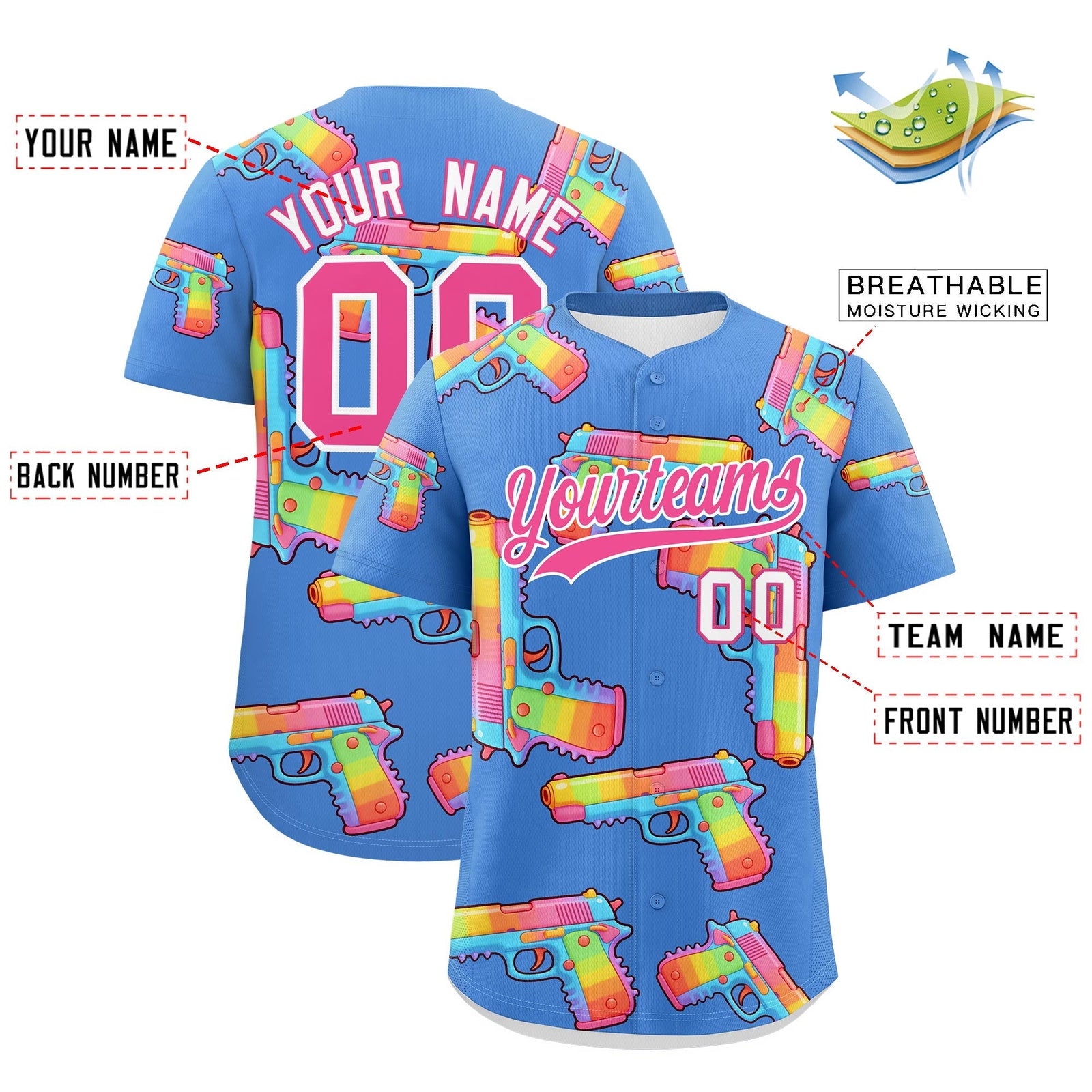 Custom Youth Baseball Jersey Powder Blue Pink Sugar-Coated Firepower Graffiti Pattern Urban Fashion