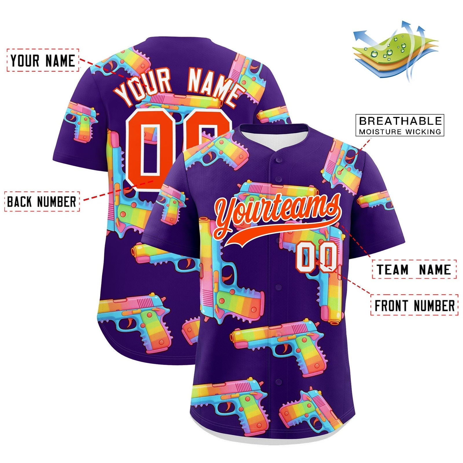 Custom Youth Baseball Jersey Purple Orange Sugar-Coated Firepower Graffiti Pattern Hip-hop