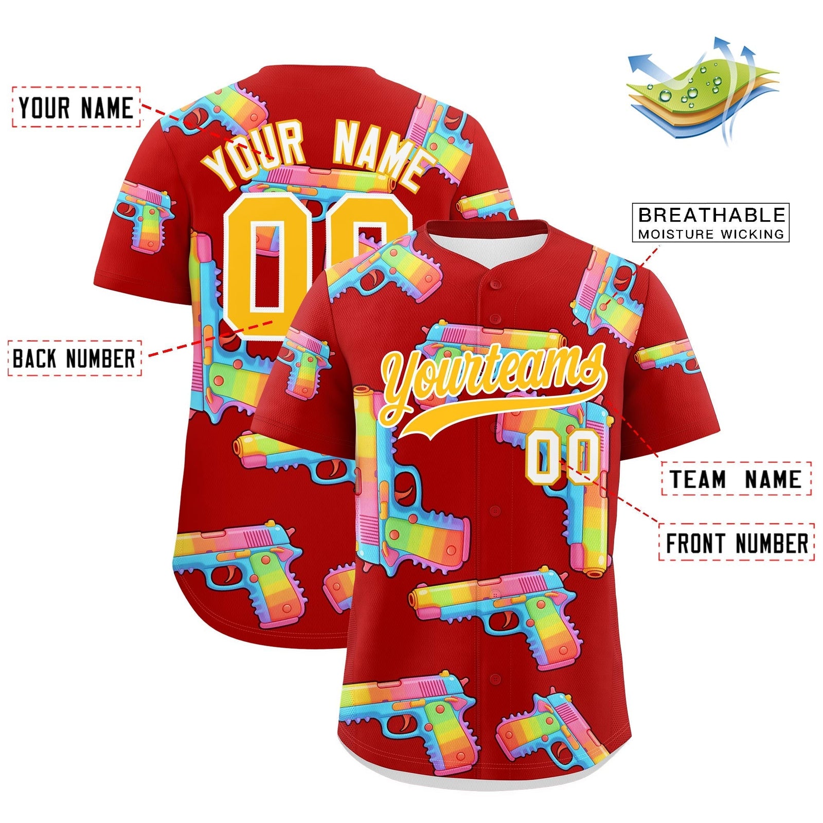 Custom Youth Baseball Jersey Red Yellow Sugar-Coated Firepower Graffiti Pattern Urban Fashion