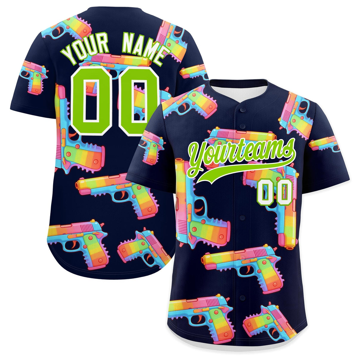 Custom Youth Baseball Jersey Navy Neon Green Sugar-Coated Firepower Graffiti Pattern Street Style