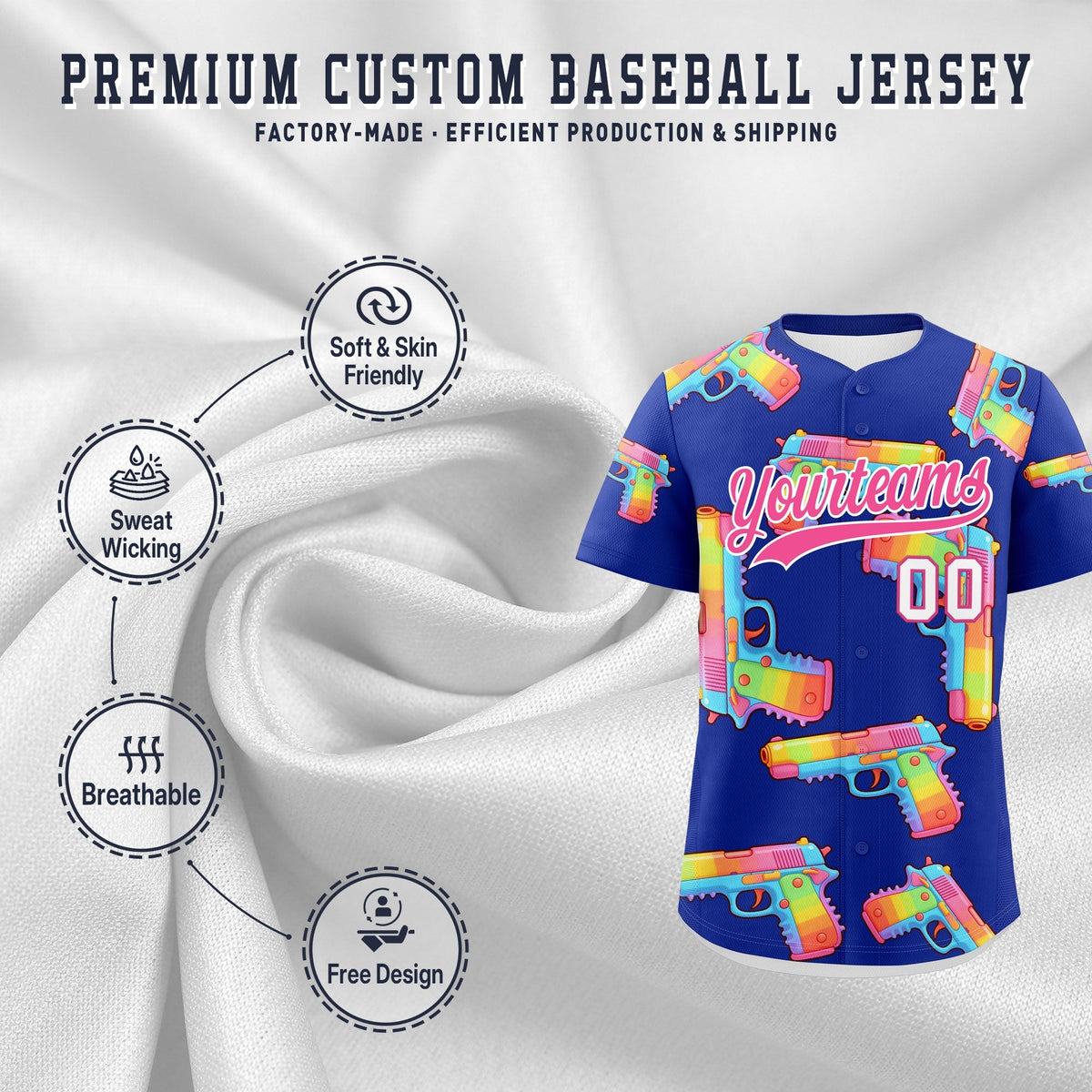 Custom Youth Baseball Jersey Royal Blue Pink Sugar-Coated Firepower Graffiti Pattern Urban Fashion