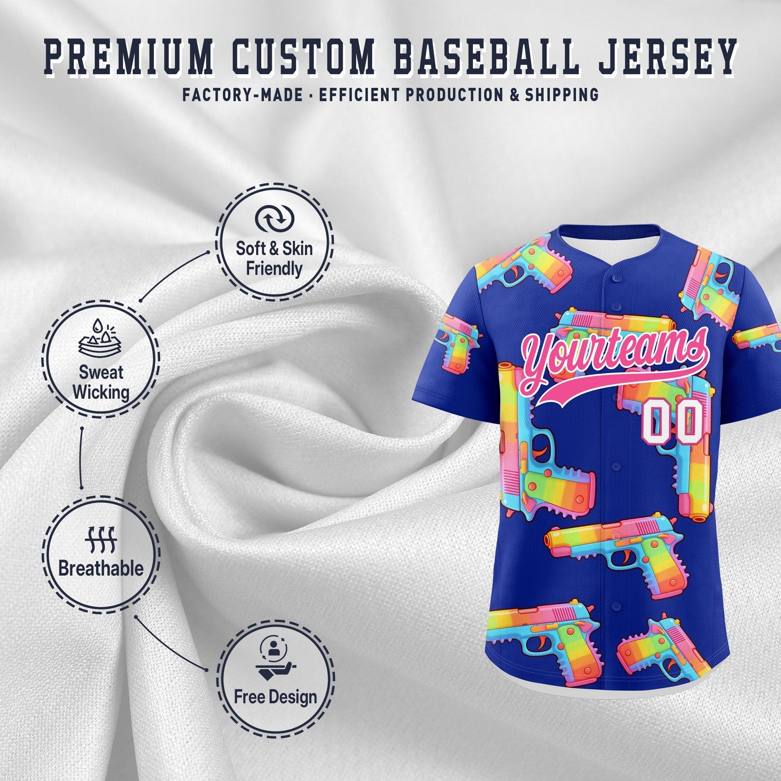 Custom Youth Baseball Jersey Royal Blue Pink Sugar-Coated Firepower Graffiti Pattern Urban Fashion