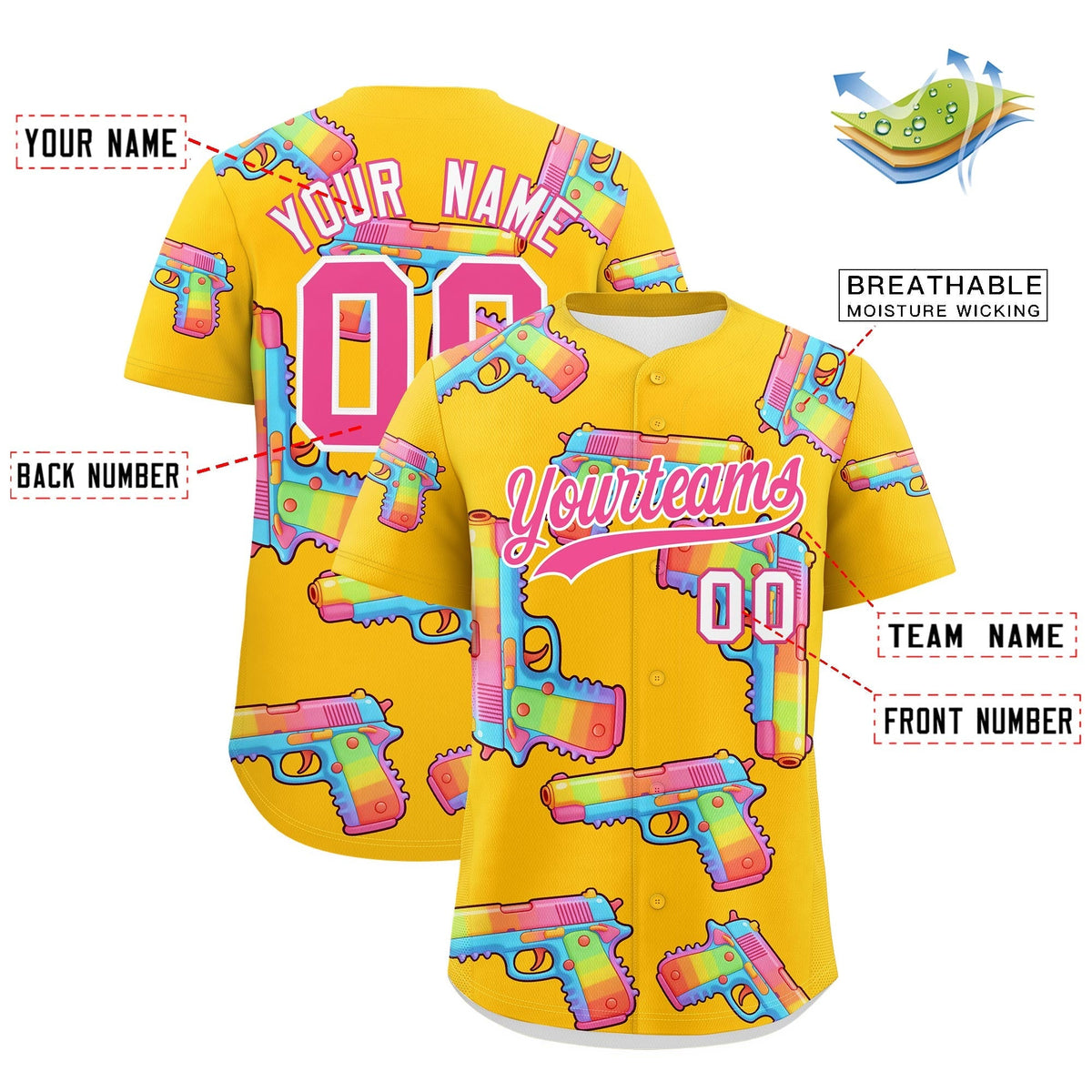 Custom Youth Baseball Jersey Yellow Pink Sugar-Coated Firepower Graffiti Pattern Hip-hop