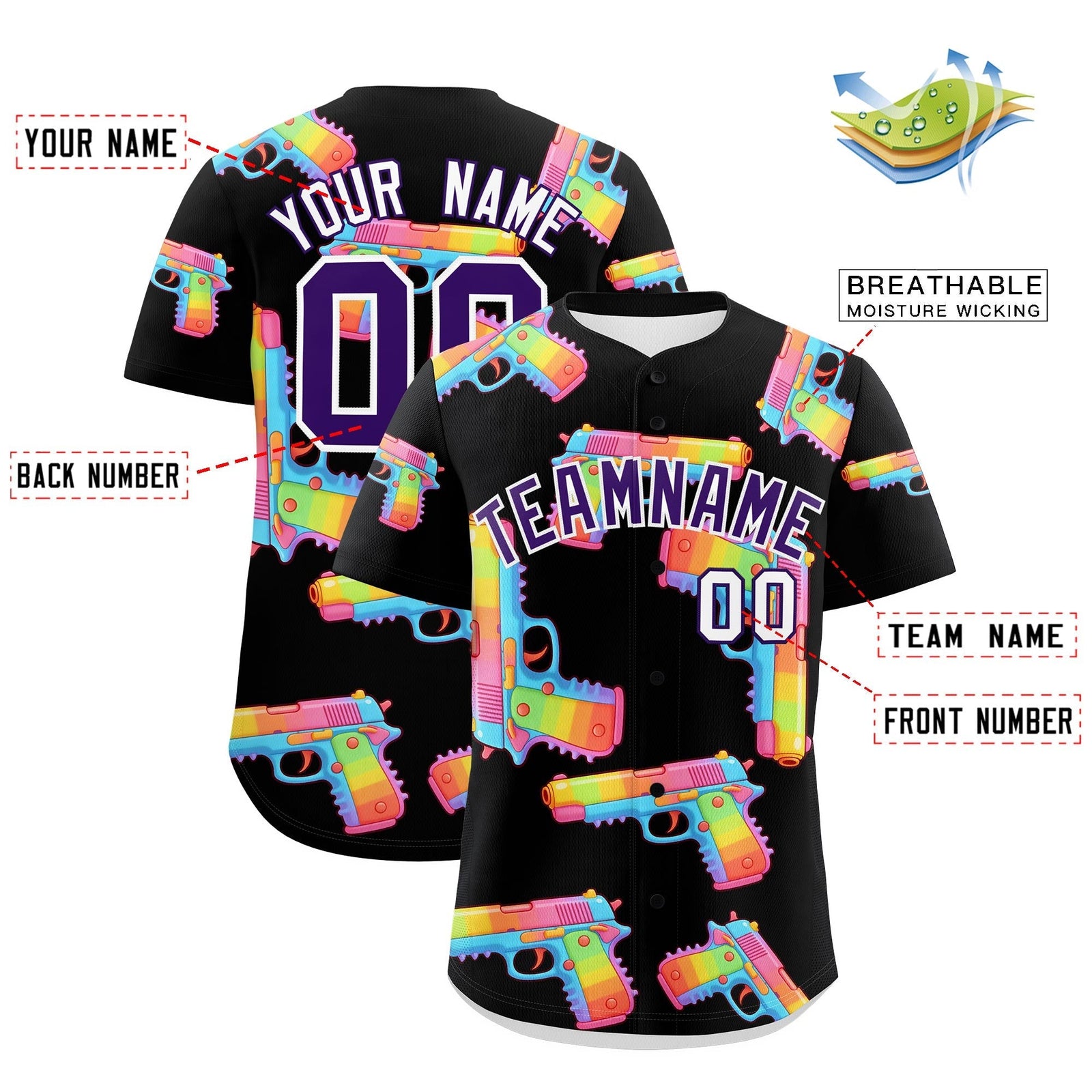 Custom Youth Baseball Jersey Black Purple Sugar-Coated Firepower Graffiti Pattern Street Style