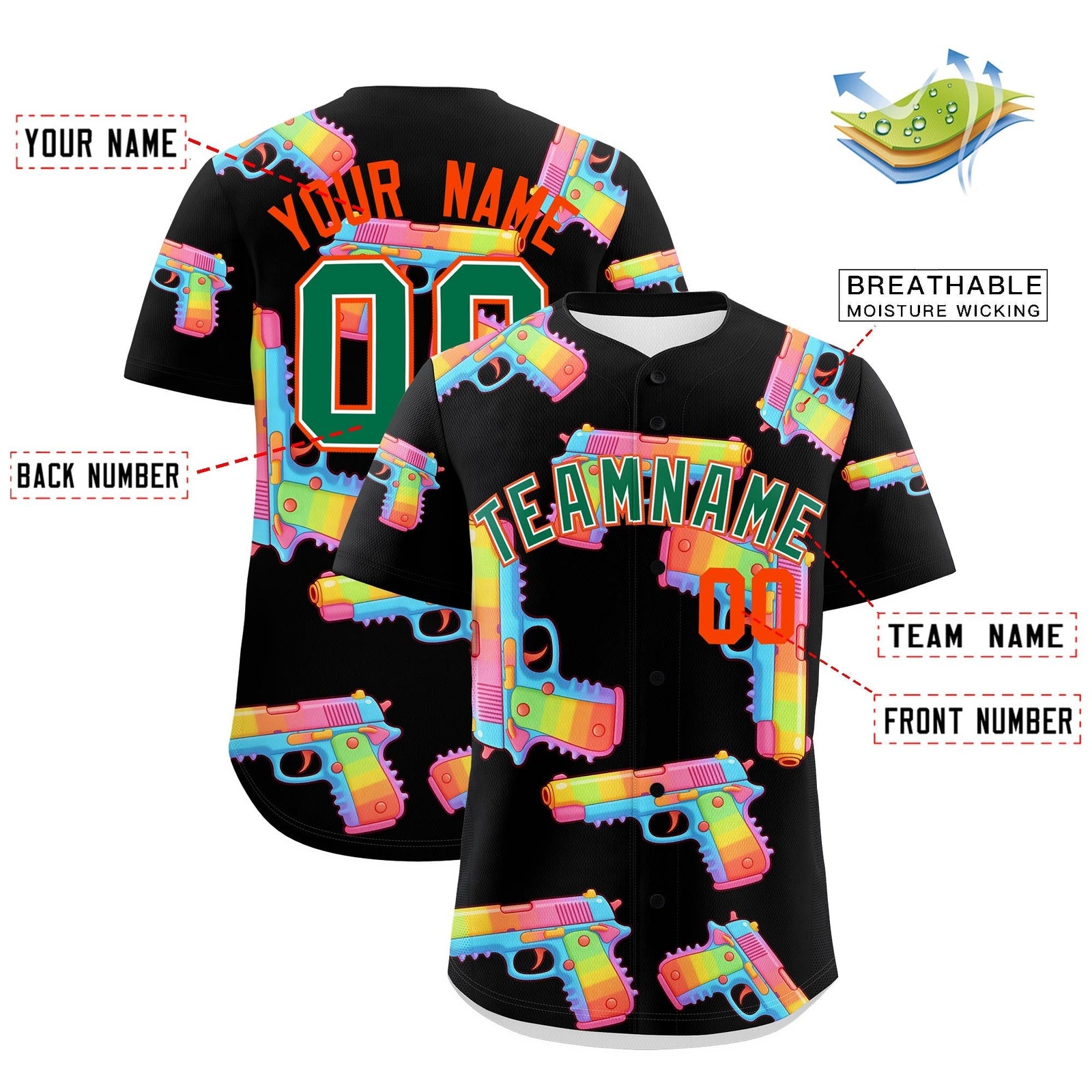 Custom Youth Baseball Jersey Black Kelly Green Sugar-Coated Firepower Graffiti Pattern Hip-hop