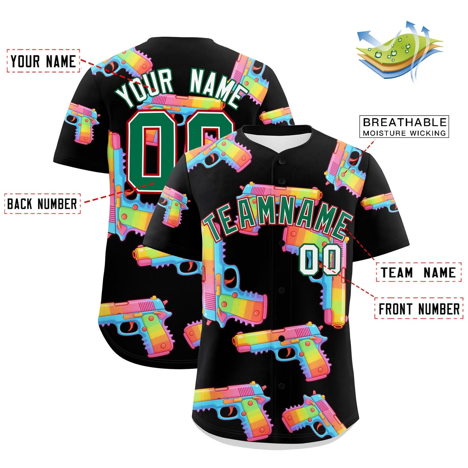 Custom Youth Baseball Jersey Black Kelly Green Sugar-Coated Firepower Graffiti Pattern Urban Fashion