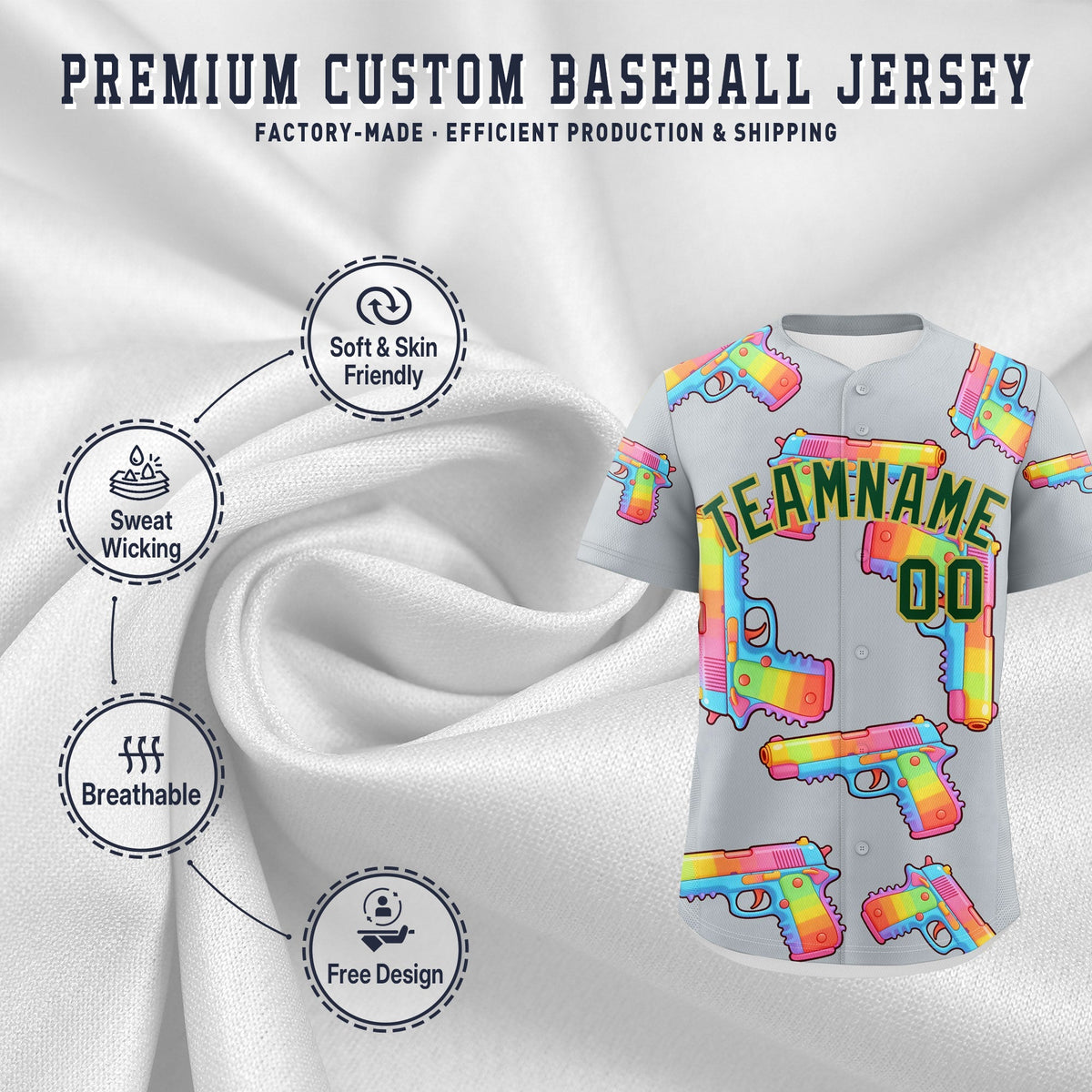 Custom Youth Baseball Jersey Silver Dark Green Sugar-Coated Firepower Graffiti Pattern Hip-hop