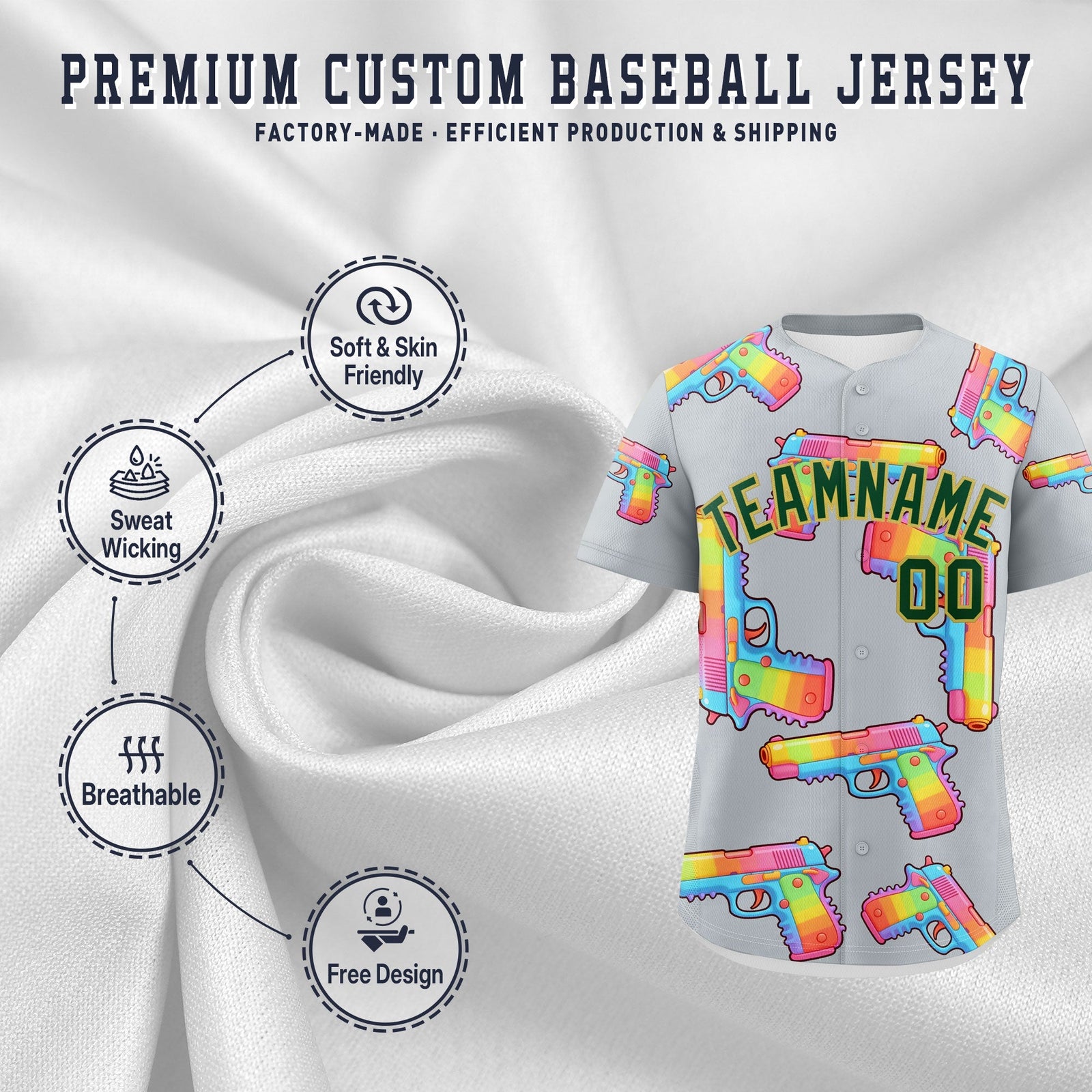 Custom Youth Baseball Jersey Silver Dark Green Sugar-Coated Firepower Graffiti Pattern Hip-hop