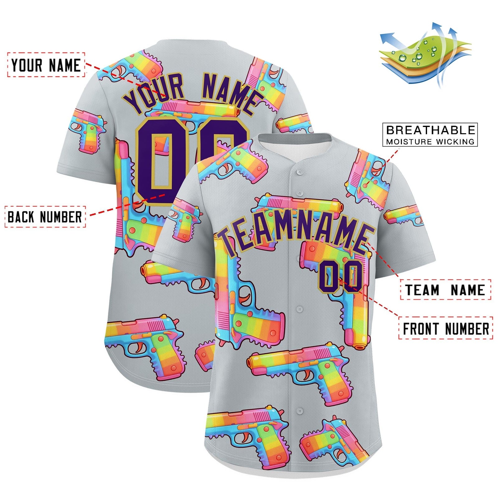 Custom Youth Baseball Jersey Silver Purple Sugar-Coated Firepower Graffiti Pattern Urban Fashion