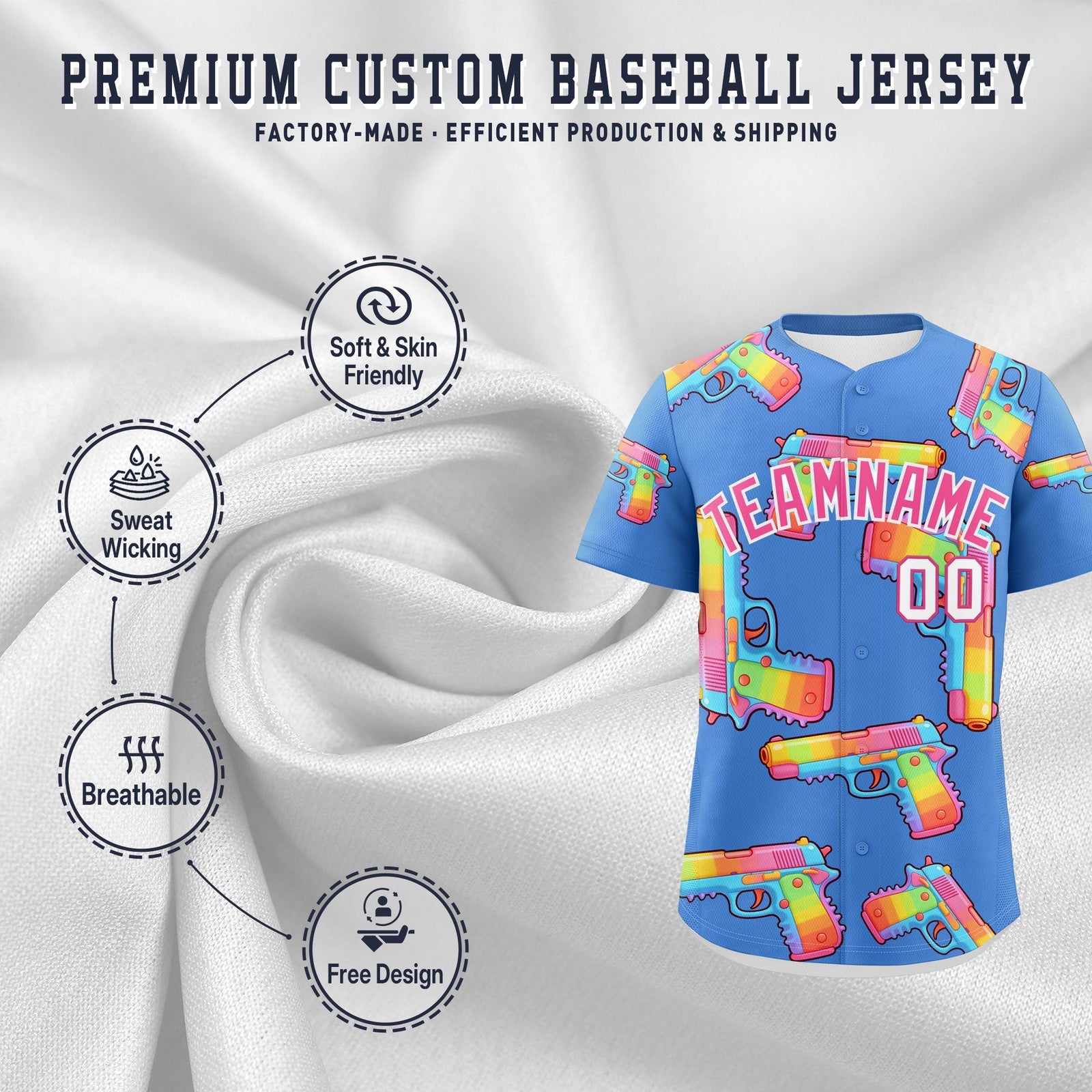 Custom Youth Baseball Jersey Powder Blue Pink Sugar-Coated Firepower Graffiti Pattern Urban Fashion