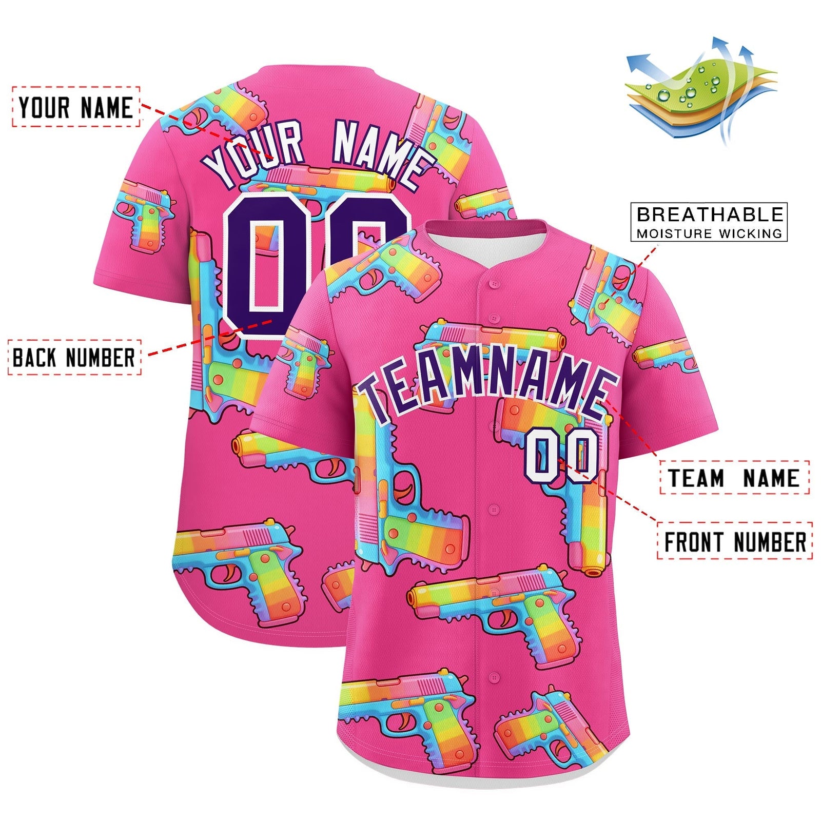Custom Youth Baseball Jersey Pink Purple Sugar-Coated Firepower Graffiti Pattern Street Style