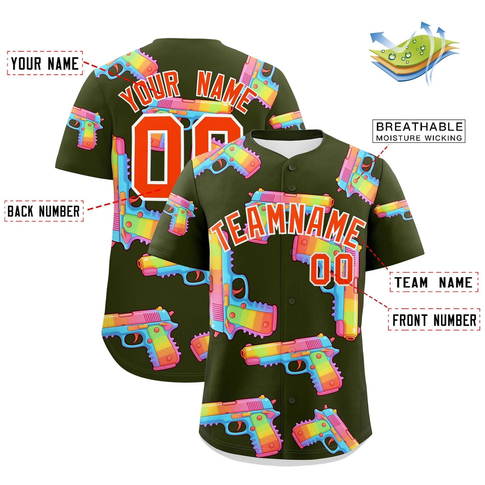 Custom Youth Baseball Jersey Olive Orange Sugar-Coated Firepower Graffiti Pattern Hip-hop