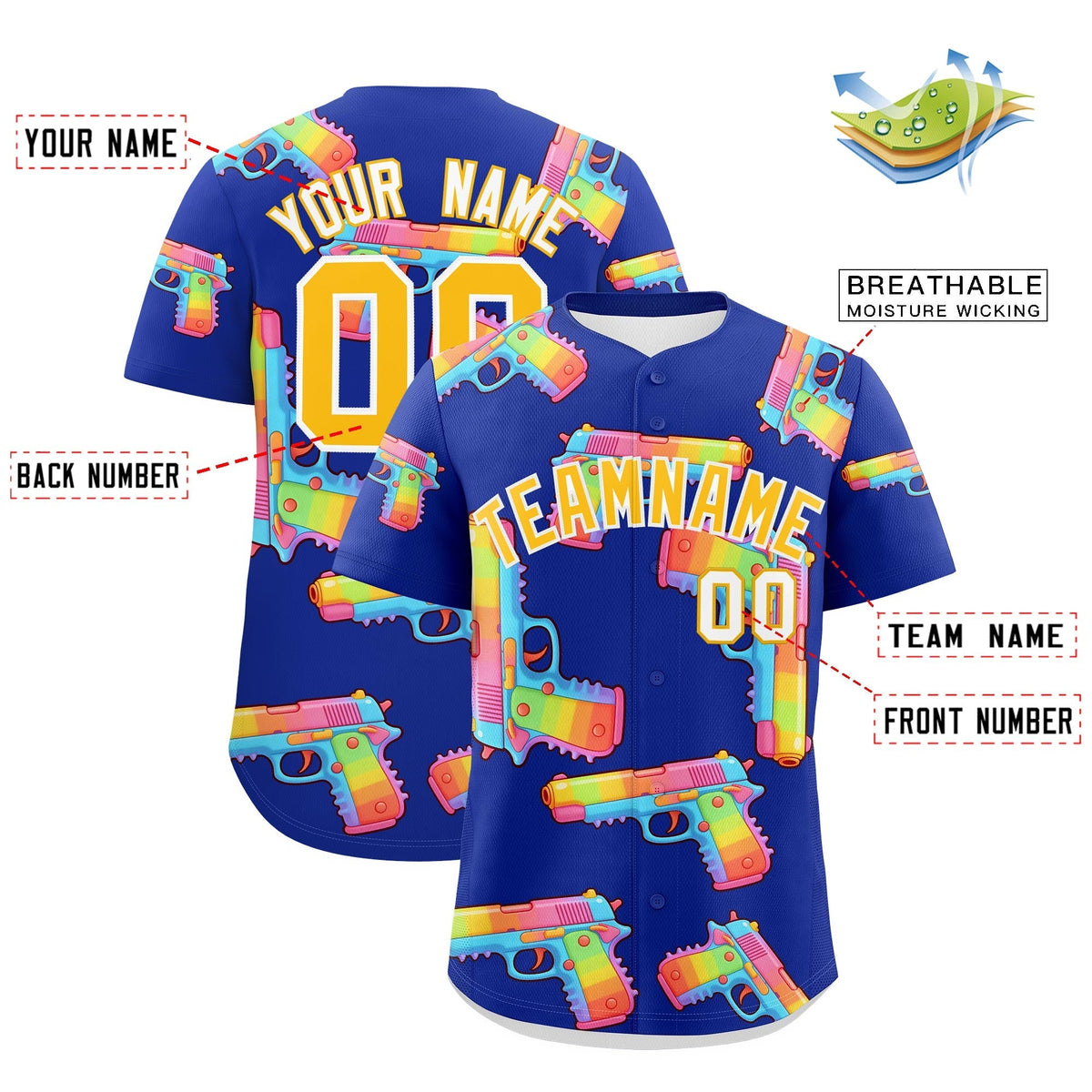 Custom Youth Baseball Jersey Royal Blue Yellow Sugar-Coated Firepower Graffiti Pattern Hip-hop
