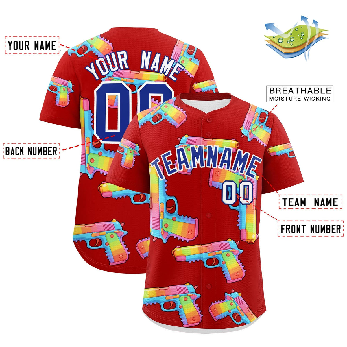Custom Youth Baseball Jersey Red Royal Blue Sugar-Coated Firepower Graffiti Pattern Hip-hop