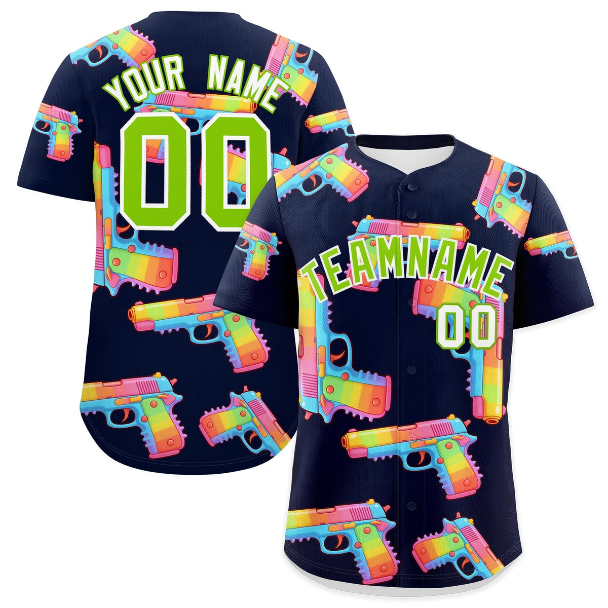 Custom Youth Baseball Jersey Navy Neon Green Sugar-Coated Firepower Graffiti Pattern Street Style