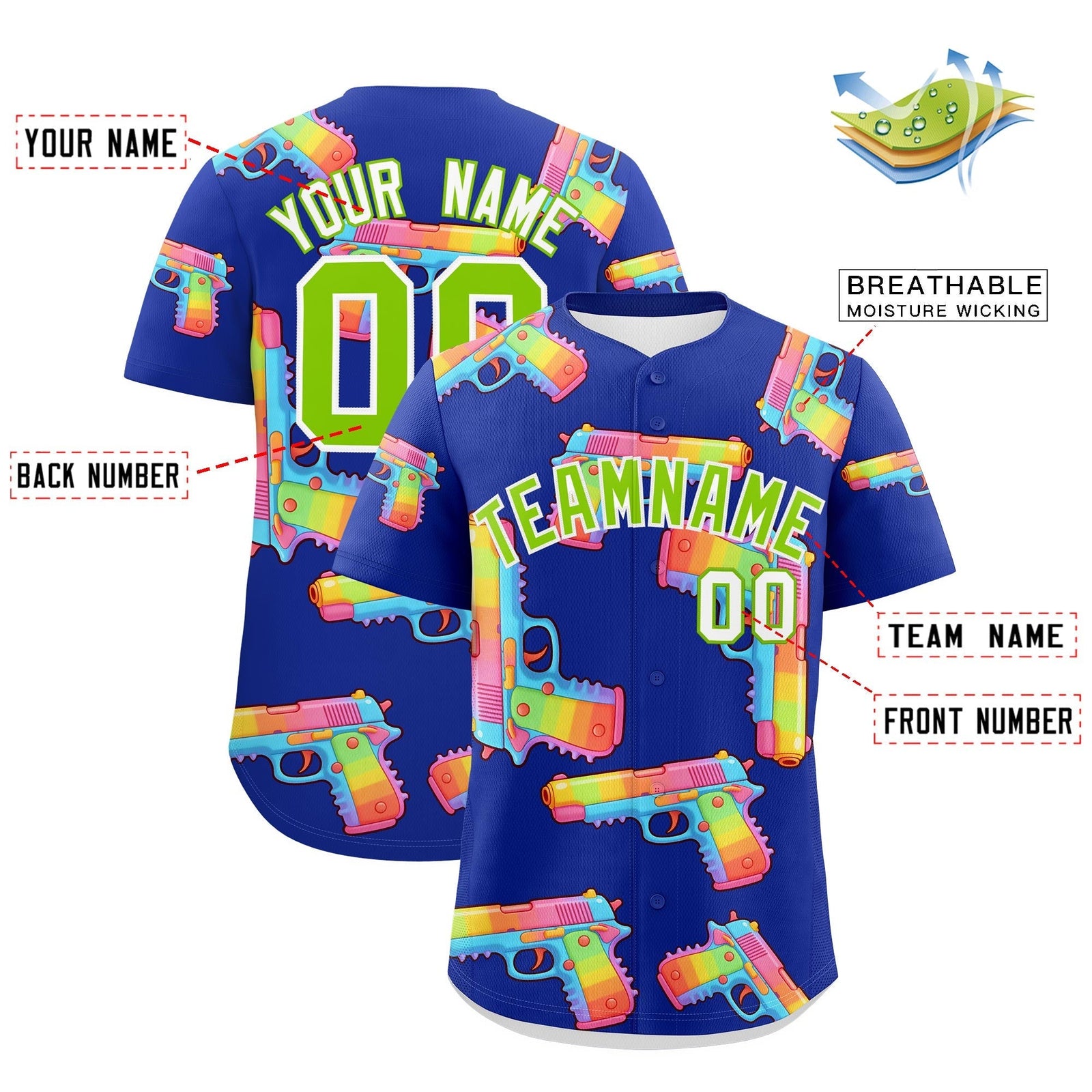 Custom Youth Baseball Jersey Royal Blue Neon Green Sugar-Coated Firepower Graffiti Pattern Hip-hop