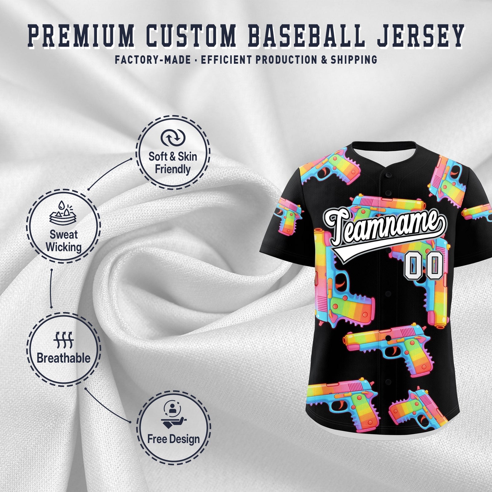 Custom Youth Baseball Jersey Black White Sugar-Coated Firepower Graffiti Pattern Street Style