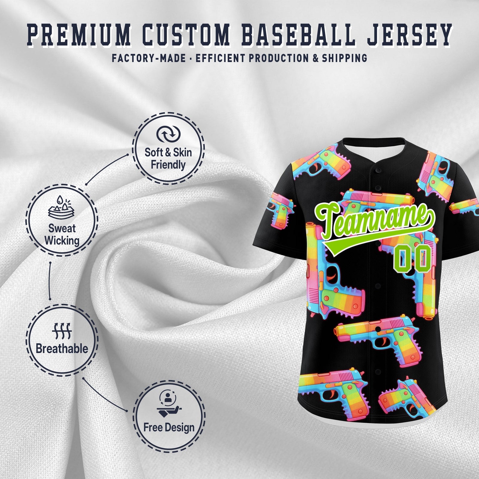 Custom Youth Baseball Jersey Black Neon Green Sugar-Coated Firepower Graffiti Pattern Hip-hop