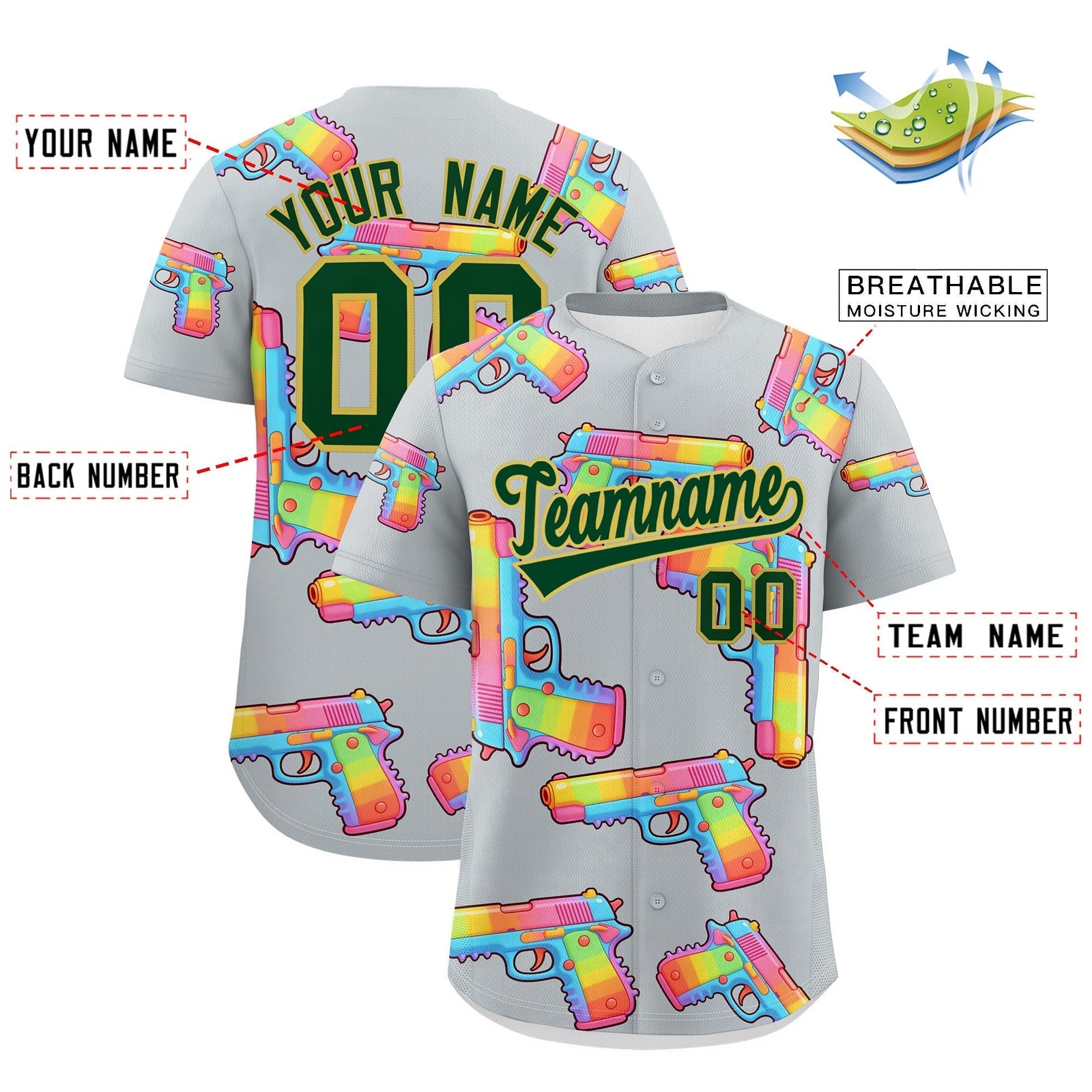 Custom Youth Baseball Jersey Silver Dark Green Sugar-Coated Firepower Graffiti Pattern Hip-hop