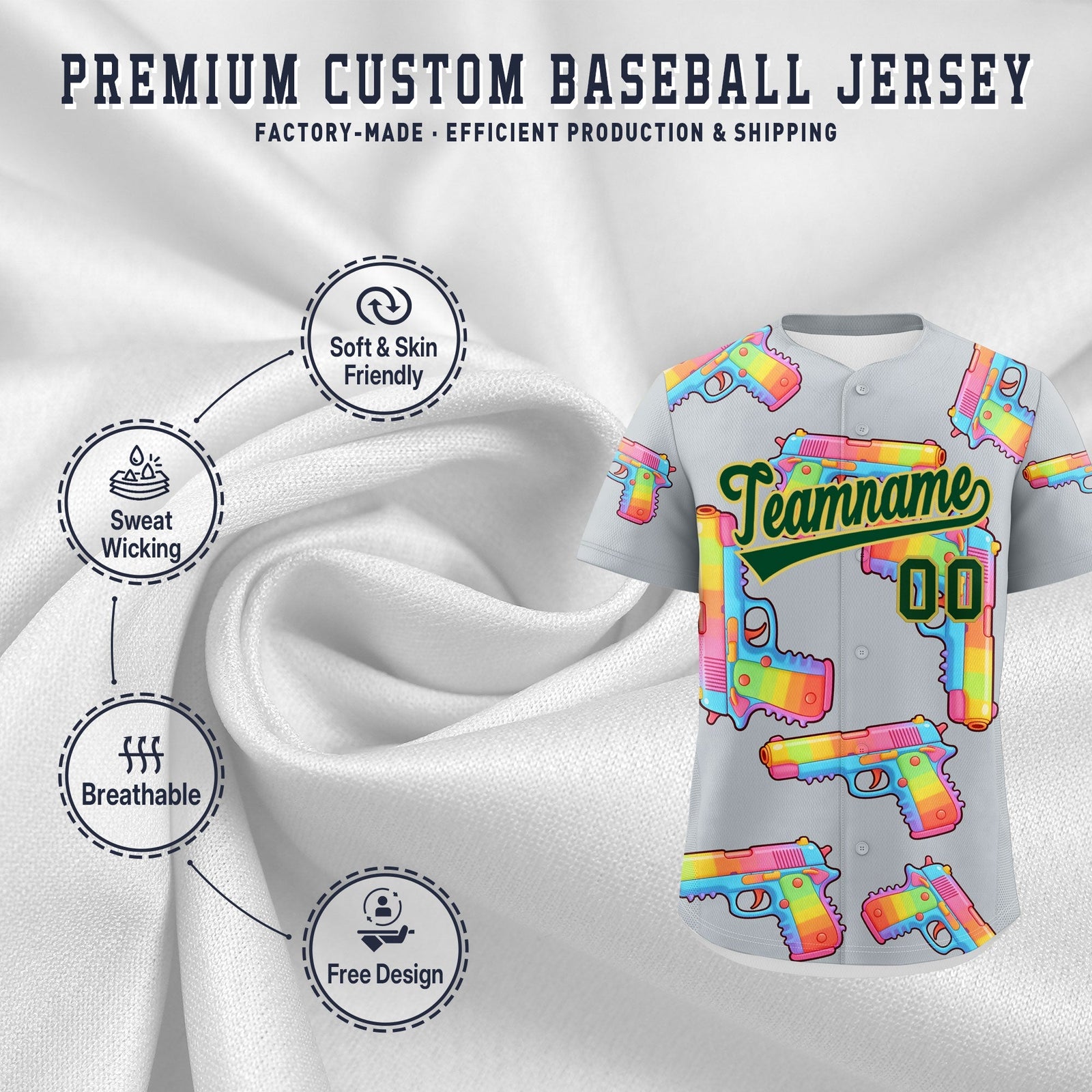Custom Youth Baseball Jersey Silver Dark Green Sugar-Coated Firepower Graffiti Pattern Hip-hop