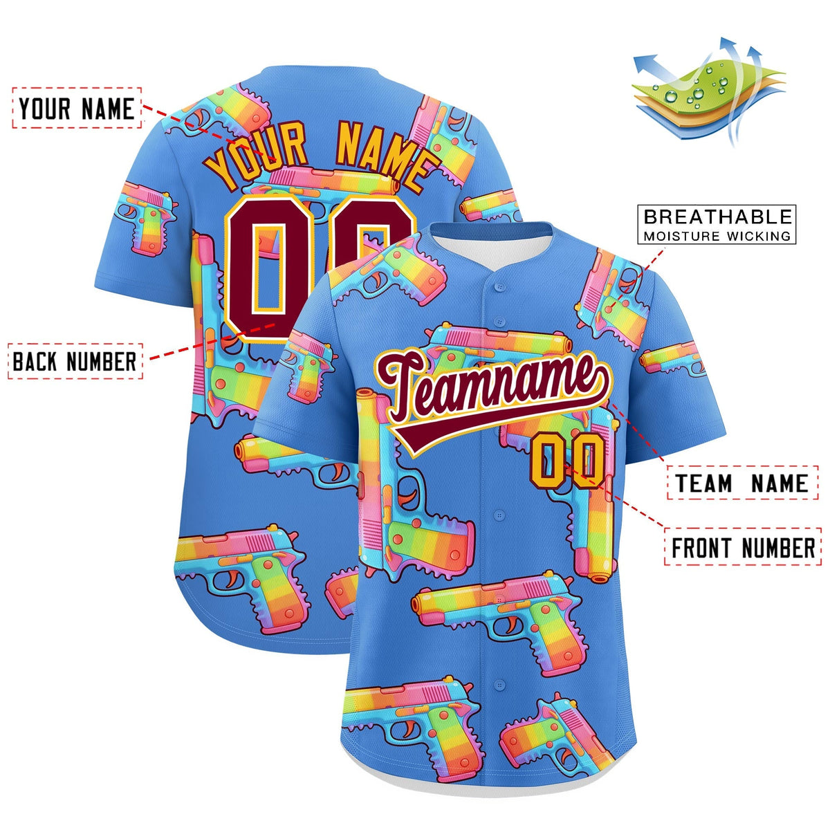 Custom Youth Baseball Jersey Powder Blue Crimson Sugar-Coated Firepower Graffiti Pattern Street Style